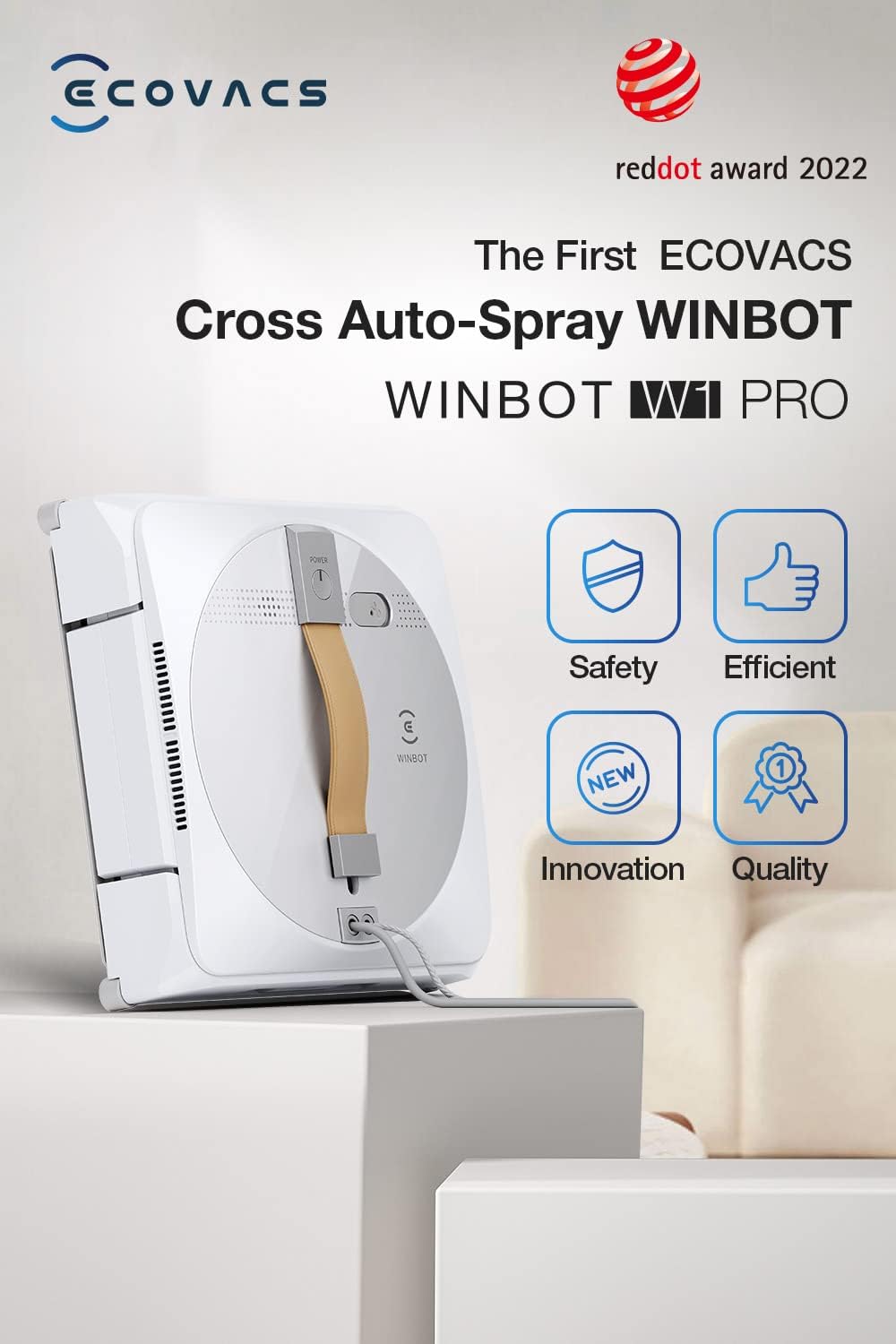 ECOVACS WINBOT W2 Omni Fensterputzroboter mit 6-in-1 Multifunktionsstation, integrierter 4500mAh Akku, Kantenreinigungsmodus, Weitwinkel-Sprühzerstäubungstechnologie, White