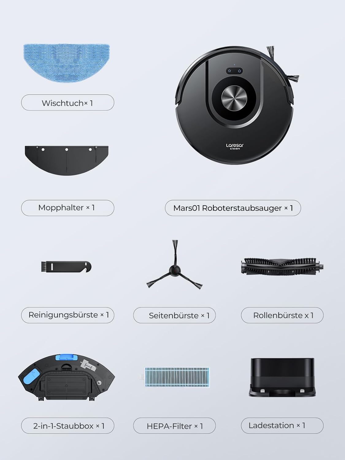 Laresar Clean Saugroboter mit Wischfunktion 3 in 1, 5000Pa Staubsauger Roboter mit Laser Navigation, 180Mins Max, Saugroboter Ideal fĂŒr Tierhaare,Teppich, Hartboden, APP Steuerung, 15 No-Go
