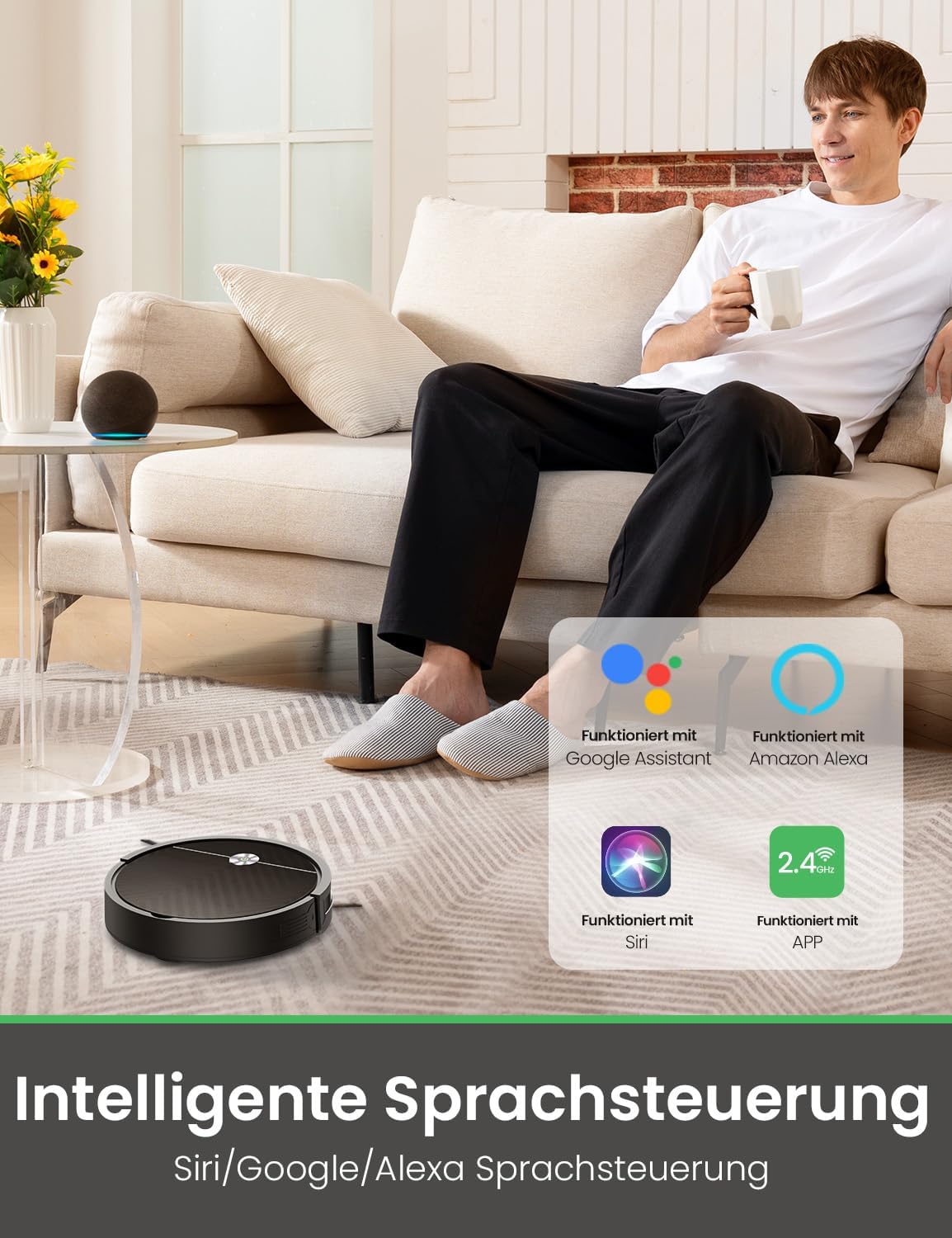 Vexilar W7 Saug und Wischroboter 3 in 1, 4000Pa Saugroboter mit Wischfunktion, Bürstenloses Düsendesign, 120Mins Max, Schlank und Geräuscharm Roboterstaubsauger ideal für Tierhaare, Hartböden, Teppich