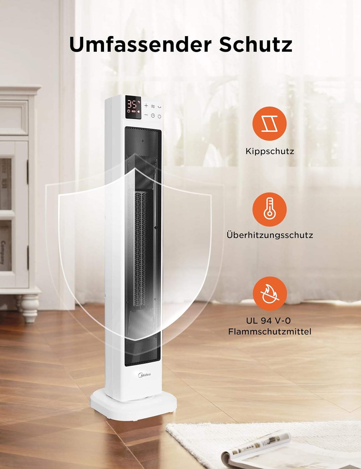 Midea NTH20-22ER(WH) Heizlüfter Energiesparend Leise mit Fernbedienung,PTC 2000 Watt Keramik Heizlüfter mit Thermostat, 2 Heizstufen, 24H Timer, ECO-Modus,für große Räume, 75°-Oszillation, 58CM, Weiß