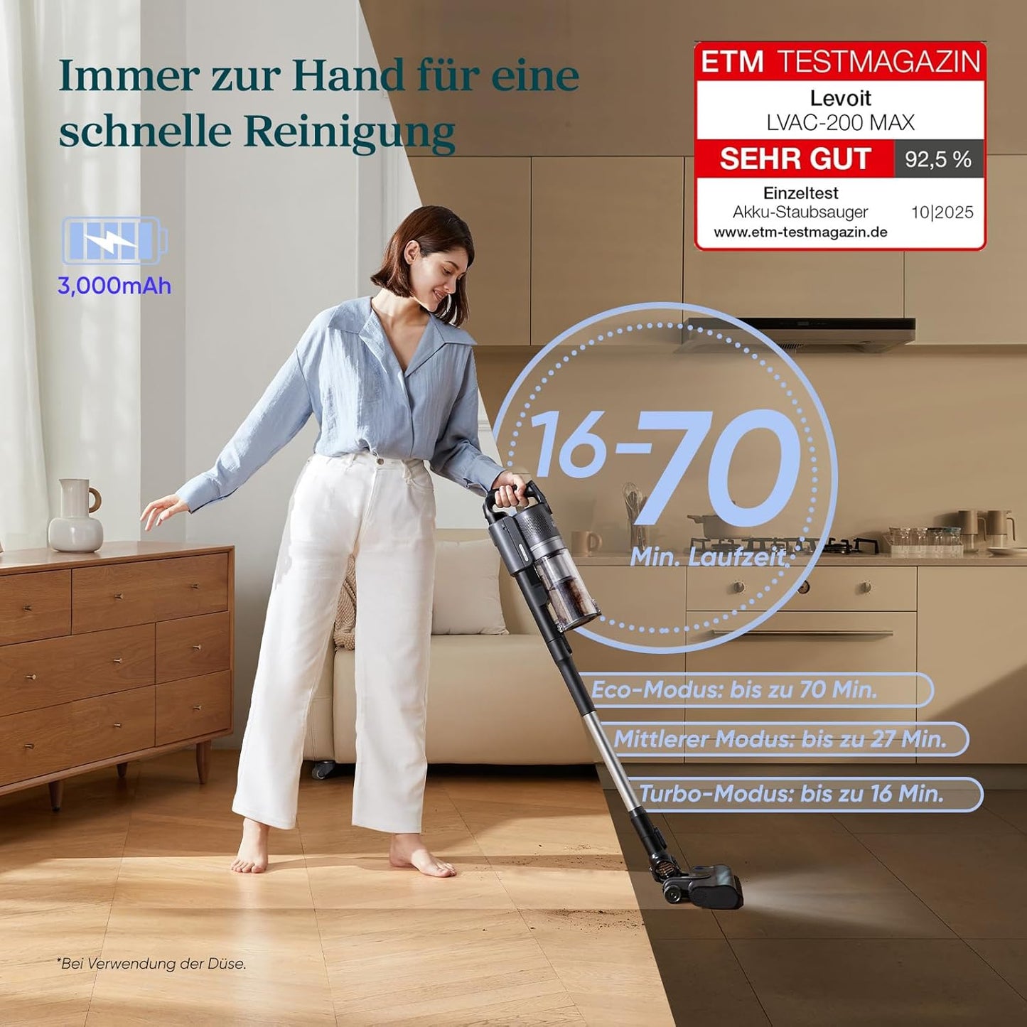 Levoit - Akku Staubsauger - Laufzeit für 100㎡ - Staubsauger Kabellos - Vacuum Cleaner - 99,99 Prozent HEPA-Filter - Selbststehend - Anti Tangle - Für Tierhaare/Teppich/Hartböden/Auto - LVAC-200 MAX