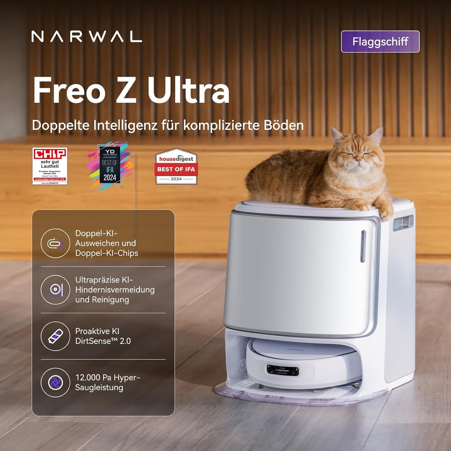 NARWAL Freo Z10 Ultra Saugroboter mit Wischfunktion, 18.000 Pa Saugleistung, dynamische Moppausdehnung, Tangle-Free System, intelligente Nass-Trocken-Reinigung, All-in-One-Basisstation