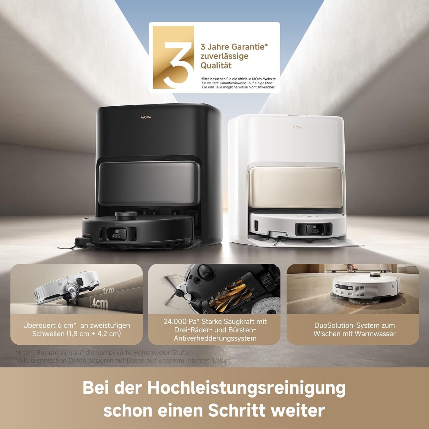 Mova V50 Ultra Complete Saugroboter mit Wischfunktion 24.000 Pa, 6cm Hindernisüberwindung, Liftable Navigation+RGB AI+LED, 80℃ Heißwasserwäsche & 63℃ Selbsttrocknung, DuoSolution System, Tricut Bürste