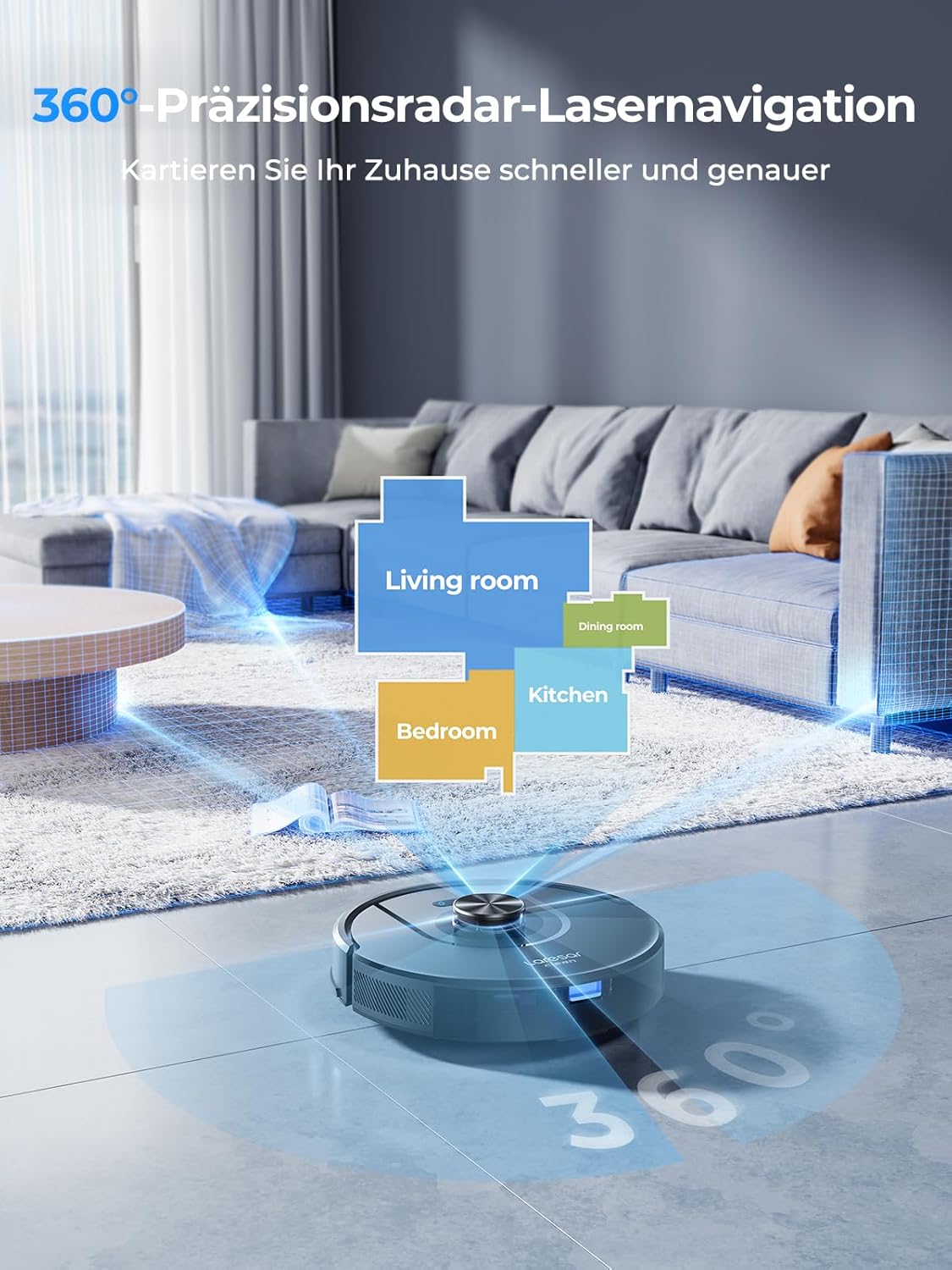 Laresar Clean Saugroboter mit Wischfunktion 3 in 1, 5000Pa Staubsauger Roboter mit Laser Navigation, 180Mins Max, Saugroboter Ideal fĂŒr Tierhaare,Teppich, Hartboden, APP Steuerung, 15 No-Go