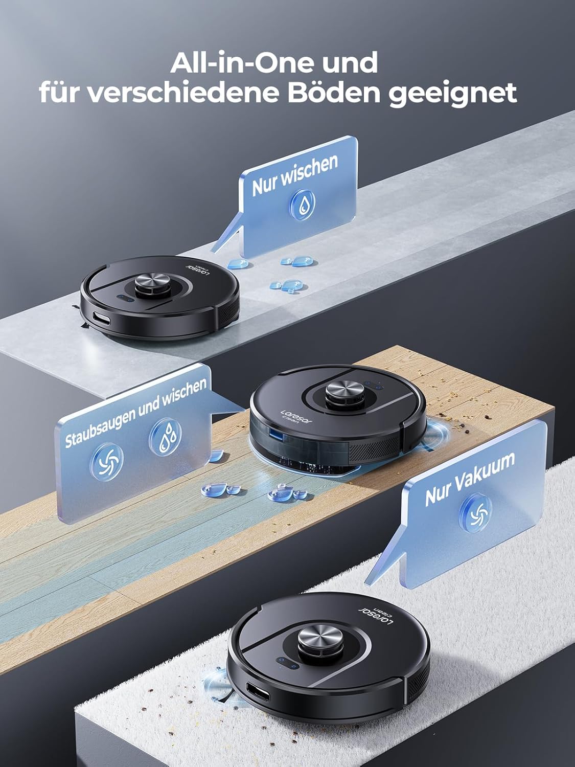 Laresar Clean Saugroboter mit Wischfunktion 3 in 1, 5000Pa Staubsauger Roboter mit Laser Navigation, 180Mins Max, Saugroboter Ideal fĂŒr Tierhaare,Teppich, Hartboden, APP Steuerung, 15 No-Go