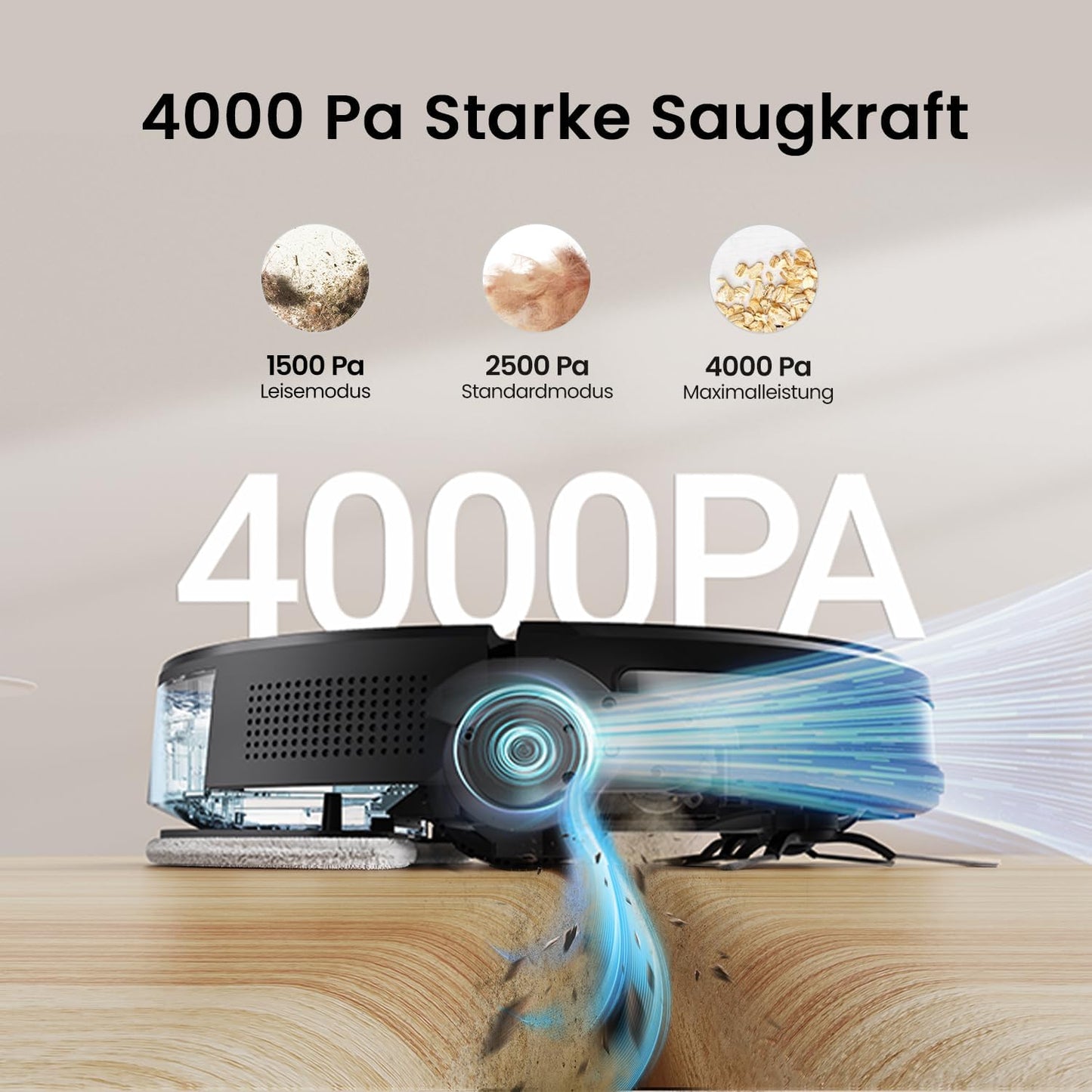 Vexilar W7 Saug und Wischroboter 3 in 1, 4000Pa Saugroboter mit Wischfunktion, Bürstenloses Düsendesign, 120Mins Max, Schlank und Geräuscharm Roboterstaubsauger ideal für Tierhaare, Hartböden, Teppich