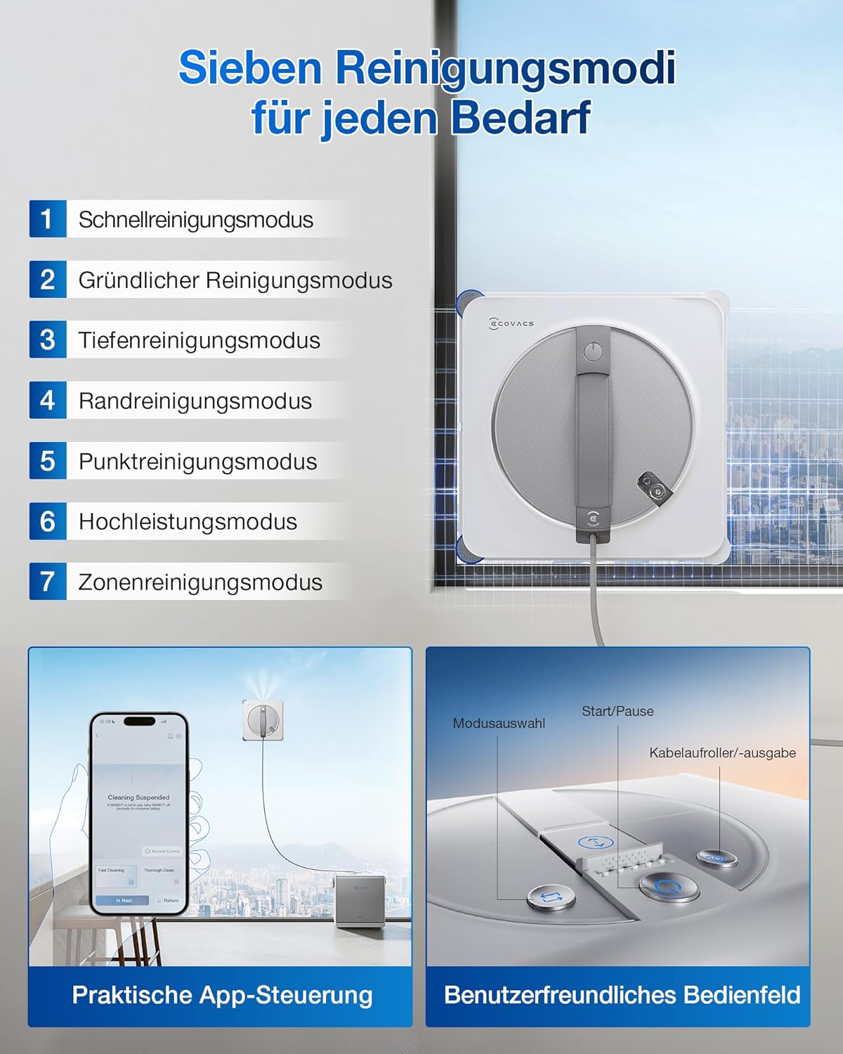 ECOVACS WINBOT W2S Omni Fensterputzroboter mit Multifunktionsstation, intelligenter Bis-an-den-Rand-Reinigung mit TruEdge™, Aufladen während des Betriebs, DREI Wasserdüsen, 12-stufigem Schutz