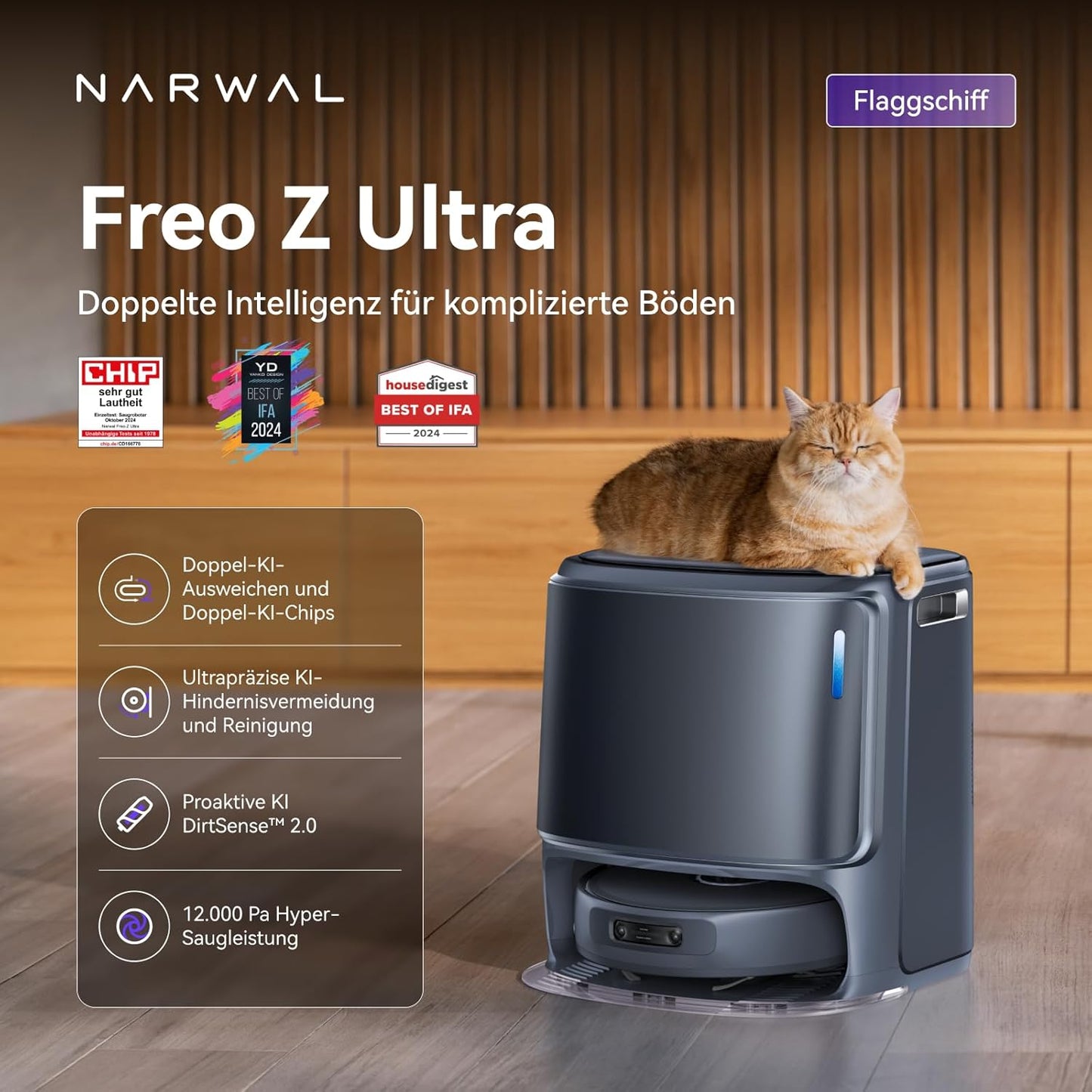 NARWAL Freo Z10 Ultra Saugroboter mit Wischfunktion, 18.000 Pa Saugleistung, dynamische Moppausdehnung, Tangle-Free System, intelligente Nass-Trocken-Reinigung, All-in-One-Basisstation