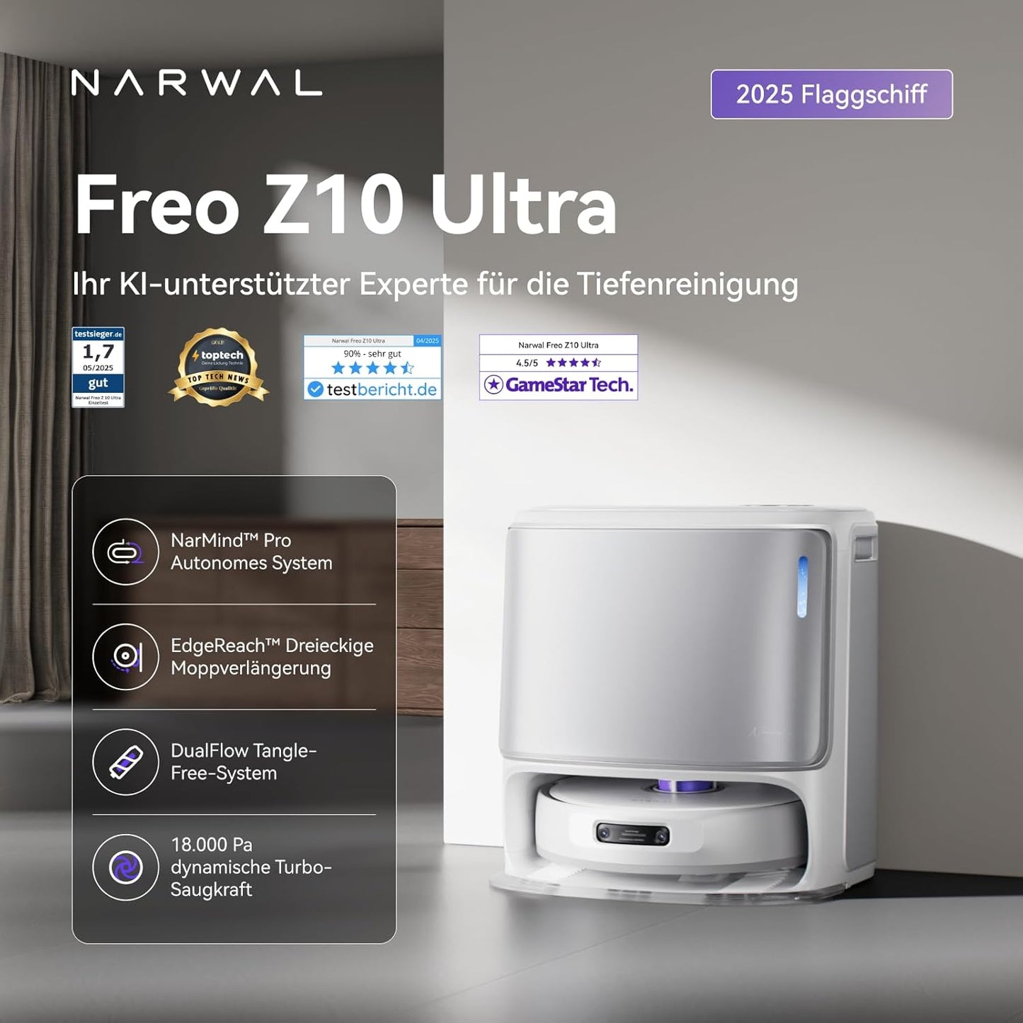 NARWAL Freo Z10 Ultra Saugroboter mit Wischfunktion, 18.000 Pa Saugleistung, dynamische Moppausdehnung, Tangle-Free System, intelligente Nass-Trocken-Reinigung, All-in-One-Basisstation