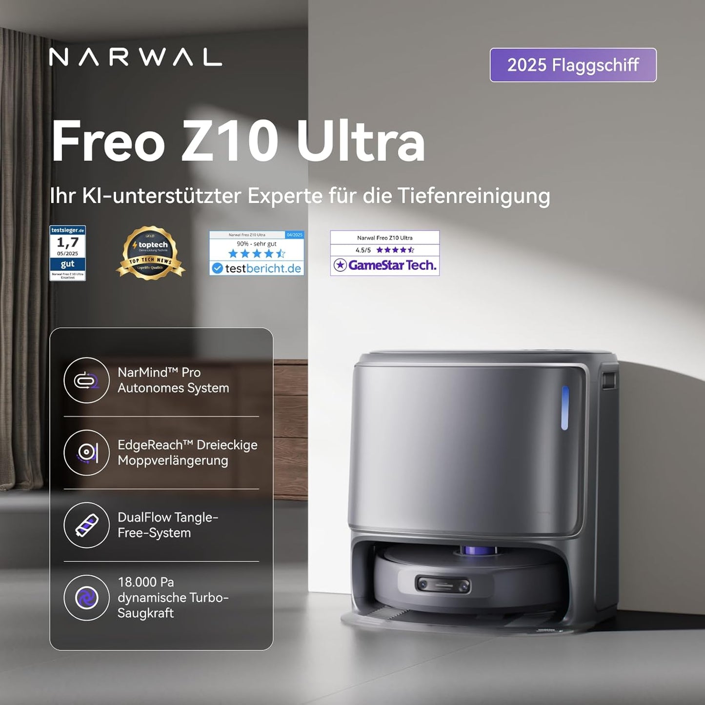 NARWAL Freo Z10 Ultra Saugroboter mit Wischfunktion, 18.000 Pa Saugleistung, dynamische Moppausdehnung, Tangle-Free System, intelligente Nass-Trocken-Reinigung, All-in-One-Basisstation
