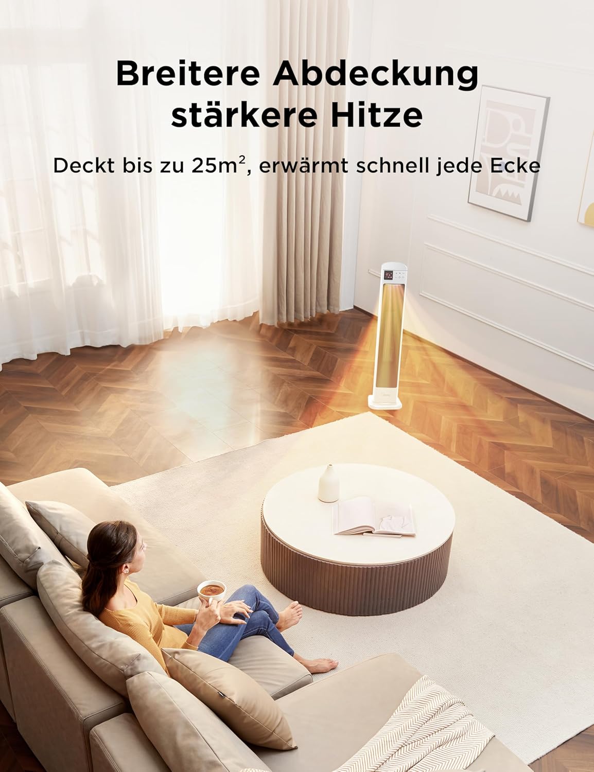 Midea NTH20-22ER(WH) Heizlüfter Energiesparend Leise mit Fernbedienung,PTC 2000 Watt Keramik Heizlüfter mit Thermostat, 2 Heizstufen, 24H Timer, ECO-Modus,für große Räume, 75°-Oszillation, 58CM, Weiß