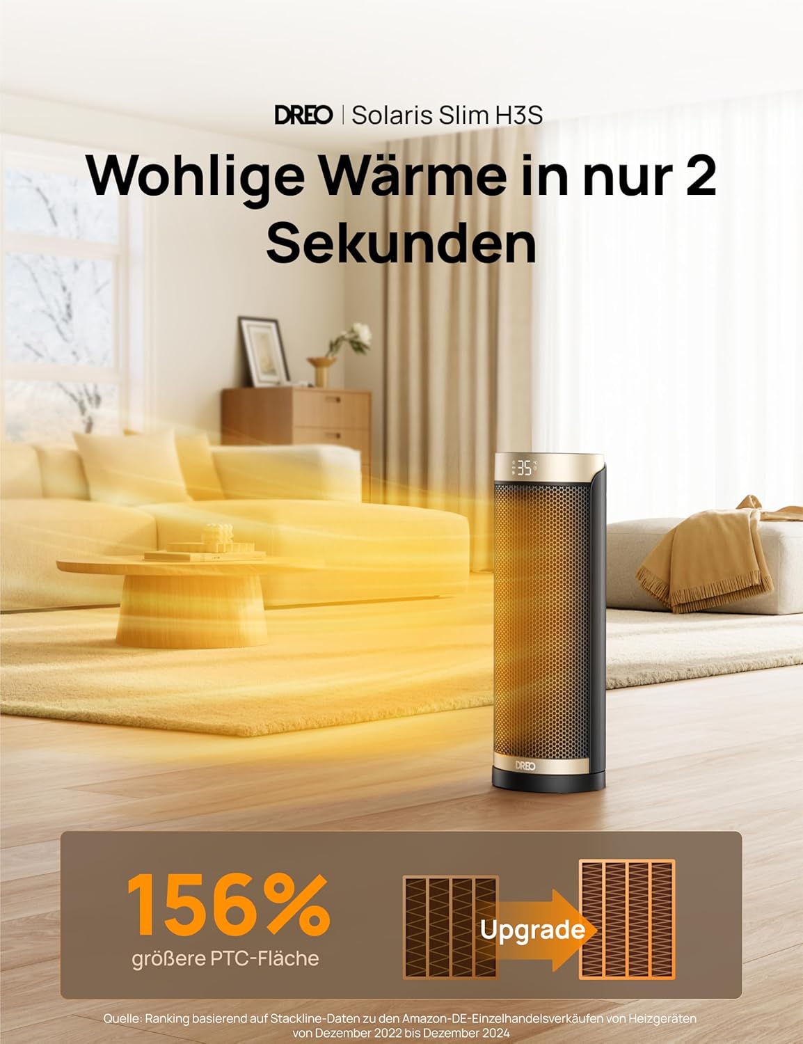 Dreo Heizlüfter Energiesparend, PTC Keramik Heizlüfte Leise, 70° Oszillierend Elektroheizung mit Fernbedienung, 12-Std-Timer, 3 Modus 3 Geschwindigkeit, Überhitzungs-Kippschutz, Solaris Slim H3