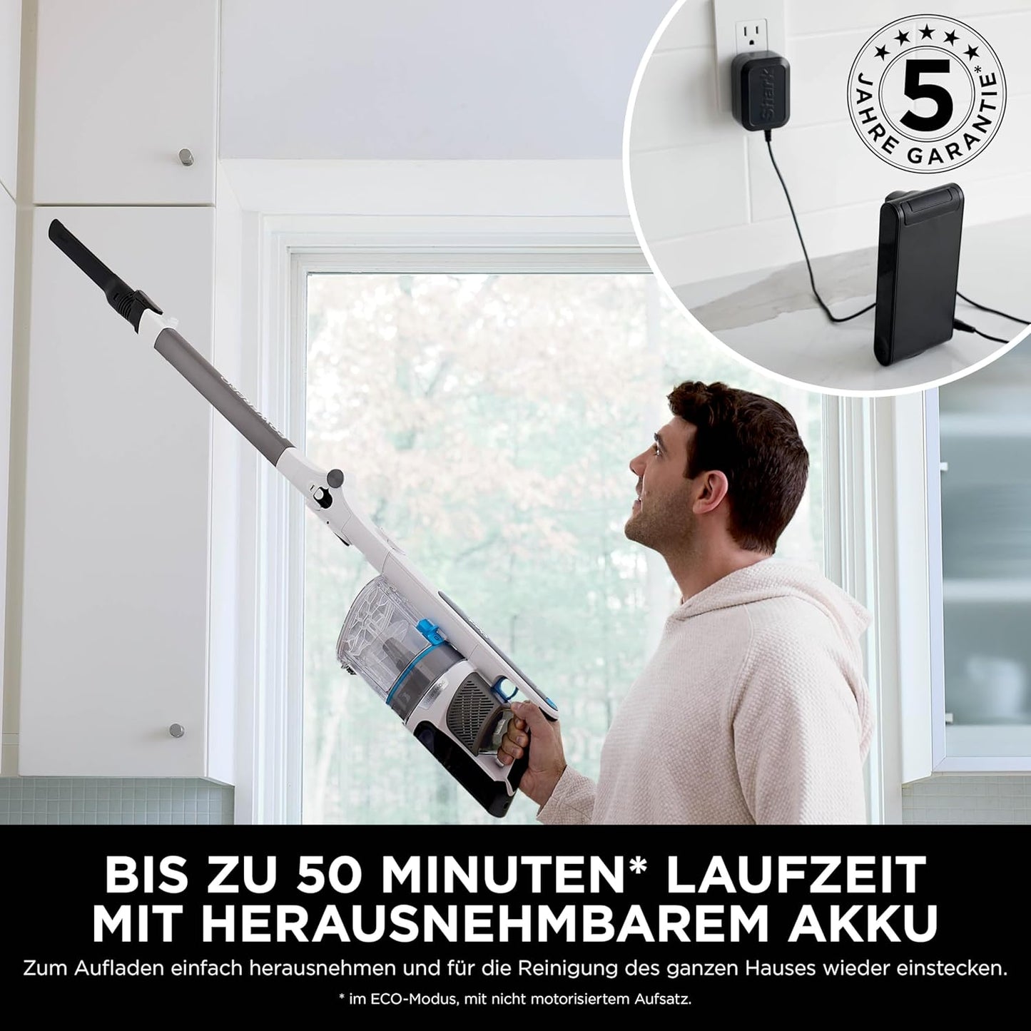 Shark PowerPro Akku-Staubsauger freistehend, bis 50 Min. Laufzeit, kabellos, beutellos, für Tierhaare, Allergiker, Teppich und Hartböden, mit LED-Licht und Knickgelenk-Rohr, Navyblau, IZ380EU