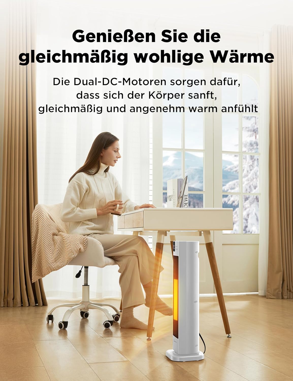 Midea NTH20-22ER(WH) Heizlüfter Energiesparend Leise mit Fernbedienung,PTC 2000 Watt Keramik Heizlüfter mit Thermostat, 2 Heizstufen, 24H Timer, ECO-Modus,für große Räume, 75°-Oszillation, 58CM, Weiß