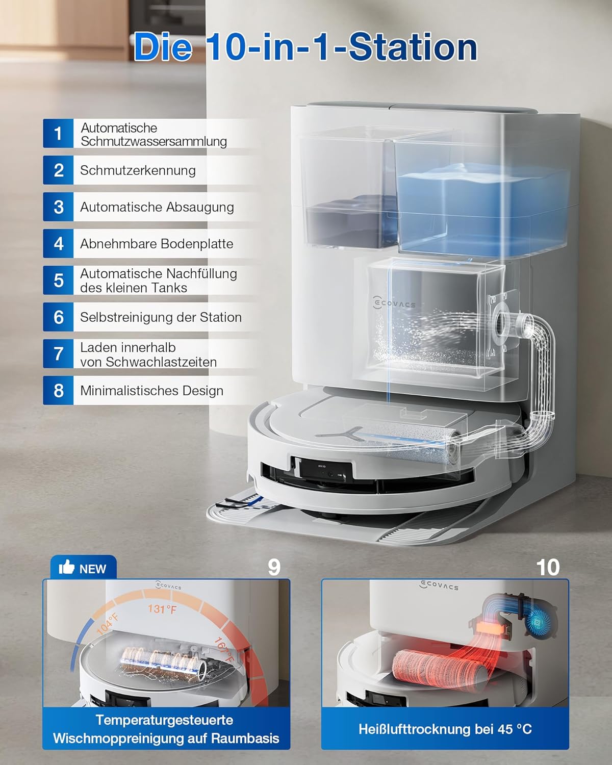 ECOVACS DEEBOT T80 Omni Saugroboter mit Wischfunktion, 18.000 Pa, OZMO Roller Wischwalze mit kontinuierlicher Frischwasser-Selbstreinigung, ZeroTangle 3.0,Moppwäsche mit 40-75℃ heißem Wasser, Schwarz