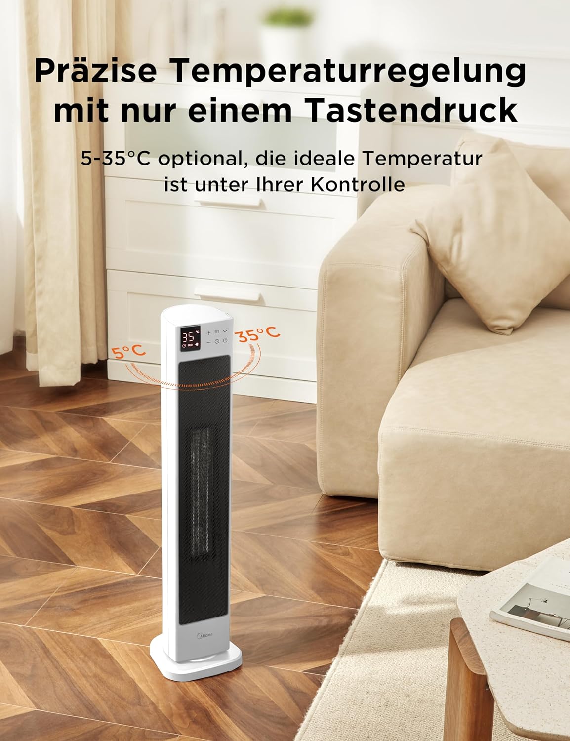 Midea NTH20-22ER(WH) Heizlüfter Energiesparend Leise mit Fernbedienung,PTC 2000 Watt Keramik Heizlüfter mit Thermostat, 2 Heizstufen, 24H Timer, ECO-Modus,für große Räume, 75°-Oszillation, 58CM, Weiß