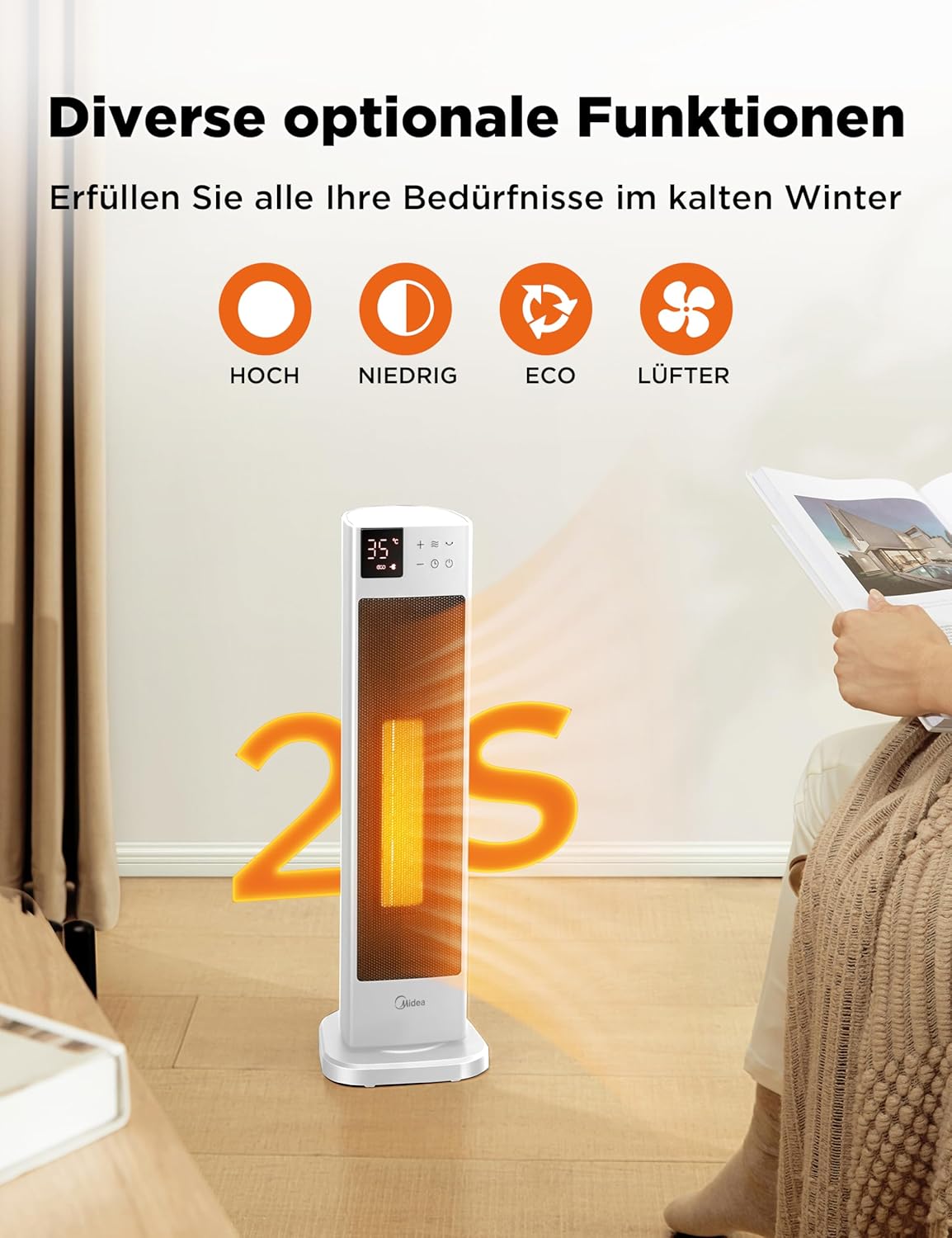 Midea NTH20-22ER(WH) Heizlüfter Energiesparend Leise mit Fernbedienung,PTC 2000 Watt Keramik Heizlüfter mit Thermostat, 2 Heizstufen, 24H Timer, ECO-Modus,für große Räume, 75°-Oszillation, 58CM, Weiß