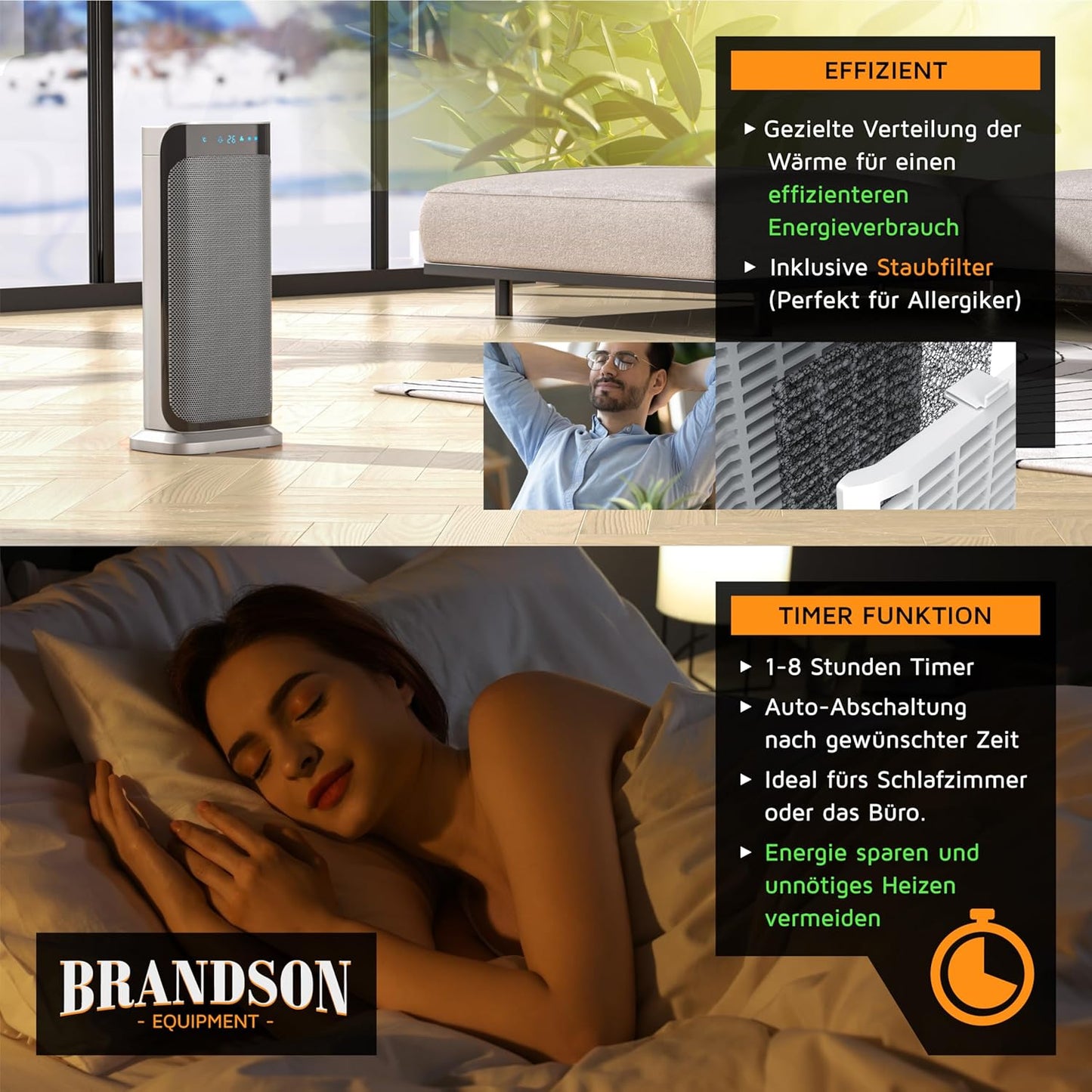 Brandson - Heizlüfter mit Fernbedienung - Preisträger - energiesparend leise Keramik-Heizlüfter Badezimmer - Oszillationsfunktion - Timer - Heizung Heater - GS zertifiziert