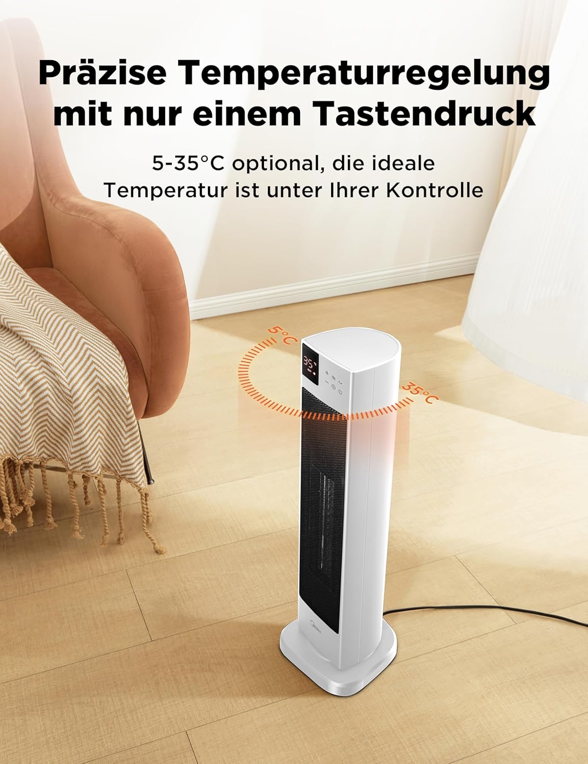 Midea NTH20-22ER(WH) Heizlüfter Energiesparend Leise mit Fernbedienung,PTC 2000 Watt Keramik Heizlüfter mit Thermostat, 2 Heizstufen, 24H Timer, ECO-Modus,für große Räume, 75°-Oszillation, 58CM, Weiß