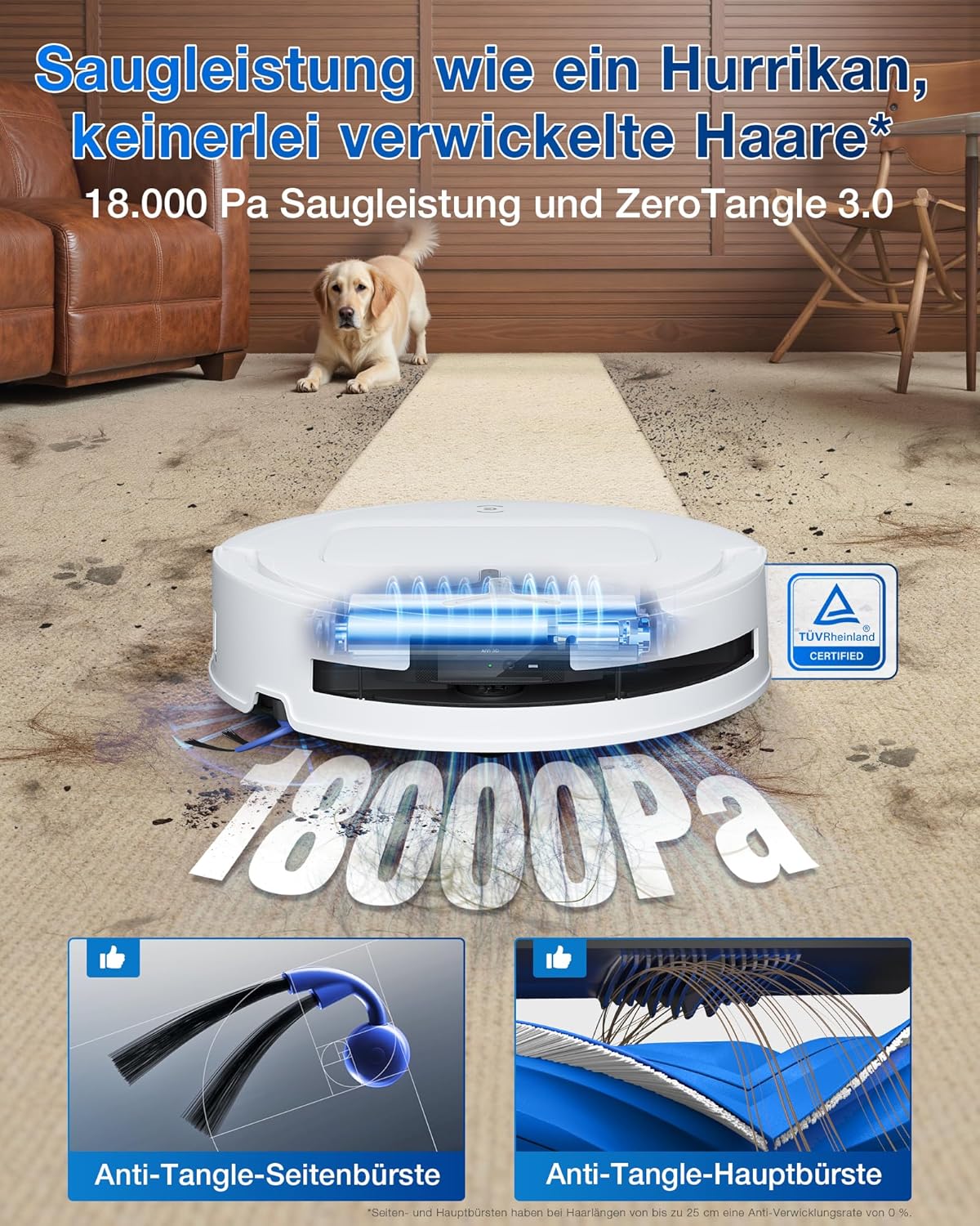 ECOVACS DEEBOT T80 Omni Saugroboter mit Wischfunktion, 18.000 Pa, OZMO Roller Wischwalze mit kontinuierlicher Frischwasser-Selbstreinigung, ZeroTangle 3.0,Moppwäsche mit 40-75℃ heißem Wasser, Schwarz
