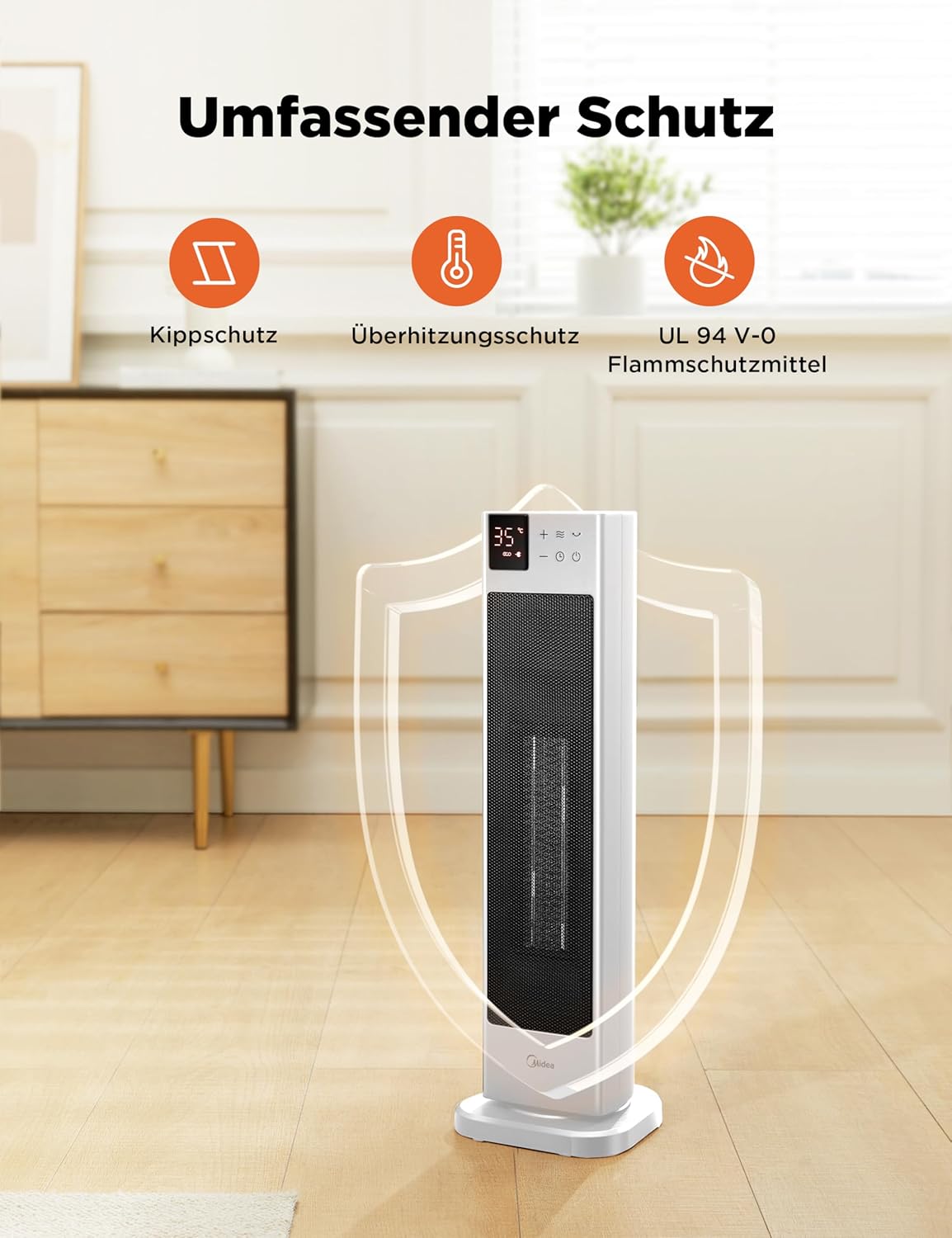 Midea NTH20-22ER(WH) Heizlüfter Energiesparend Leise mit Fernbedienung,PTC 2000 Watt Keramik Heizlüfter mit Thermostat, 2 Heizstufen, 24H Timer, ECO-Modus,für große Räume, 75°-Oszillation, 58CM, Weiß