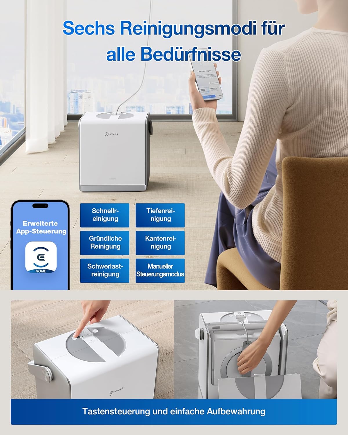 ECOVACS WINBOT W2 PRO Fensterputzroboter, 3-Düsen-Wassersprüher, 10-Stufen-Schutzsystem, Win-SLAM 4.0 Pfadplanung, Steady-Climbing-System, Kanten-Erkennung, App-Steuerung, Weiß
