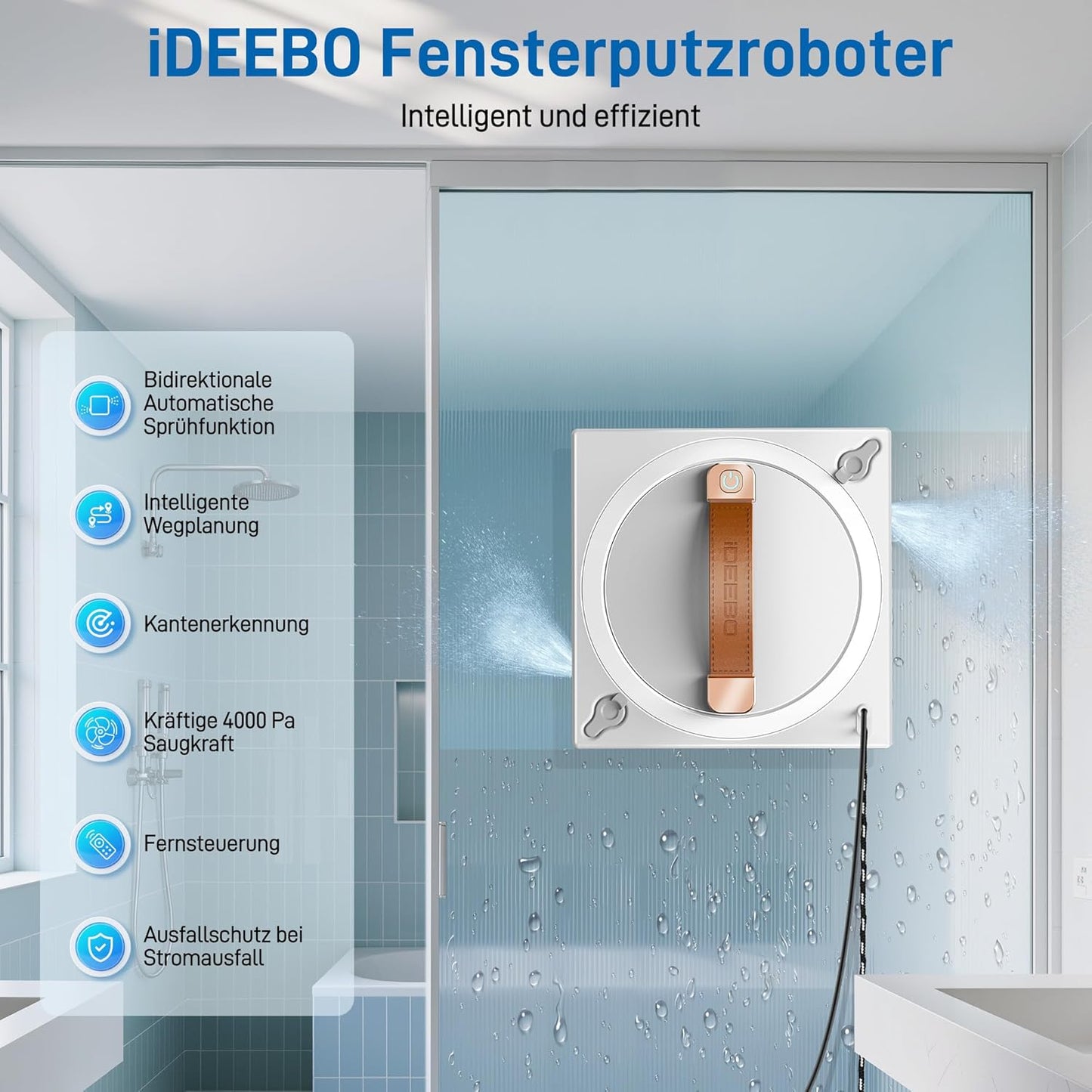 iDEEBO G500B Fensterputzroboter, Fensterroboter mit 2-Fach Sprühsystem, Auto Wegplanung, Fensterreiniger Roboter Elektrisch mit 100ML Tank für Innen- und Außenfenster