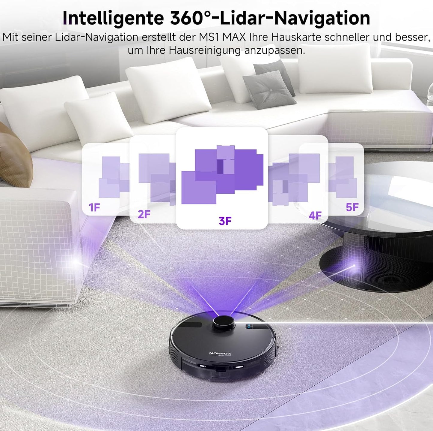 MONSGA Saugroboter mit Wischfunktion, 3.5L Staubsauger Roboter mit Absaugstation, 5000Pa Saugkraft,180Min Laufzeit, LiDAR Navigation, Starke Saugkraft ideal für Teppich und Tierhaare, APP Steuerung