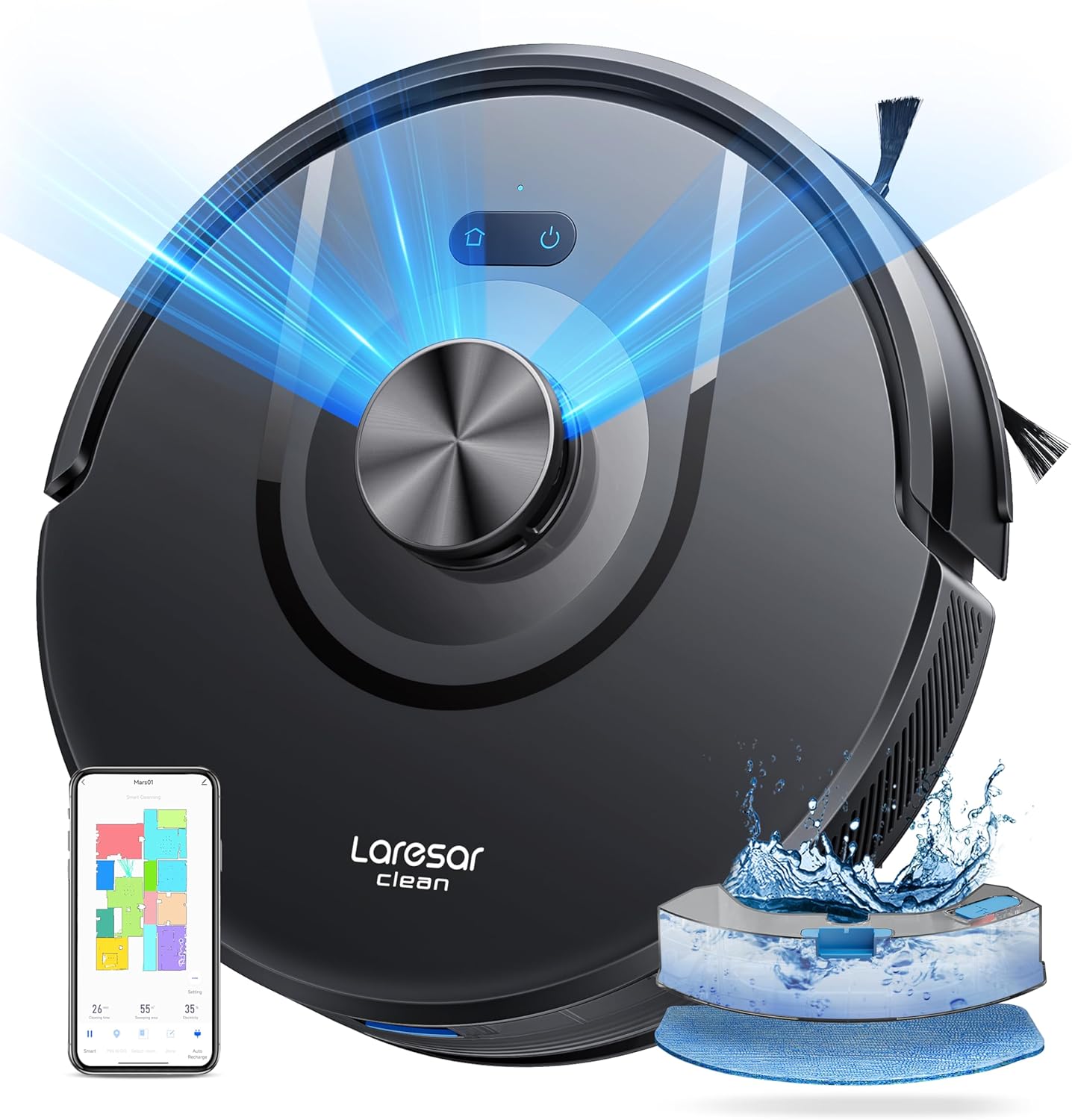 Laresar Clean Saugroboter mit Wischfunktion 3 in 1, 5000Pa Staubsauger Roboter mit Laser Navigation, 180Mins Max, Saugroboter Ideal fĂŒr Tierhaare,Teppich, Hartboden, APP Steuerung, 15 No-Go