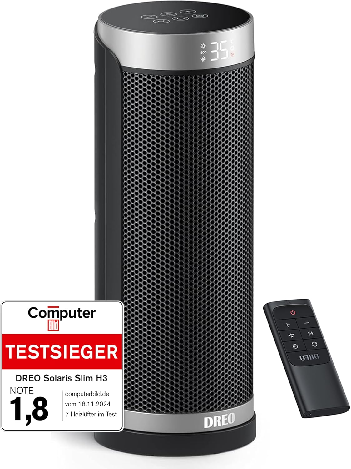 Dreo Heizlüfter Energiesparend, PTC Keramik Heizlüfte Leise, 70° Oszillierend Elektroheizung mit Fernbedienung, 12-Std-Timer, 3 Modus 3 Geschwindigkeit, Überhitzungs-Kippschutz, Solaris Slim H3