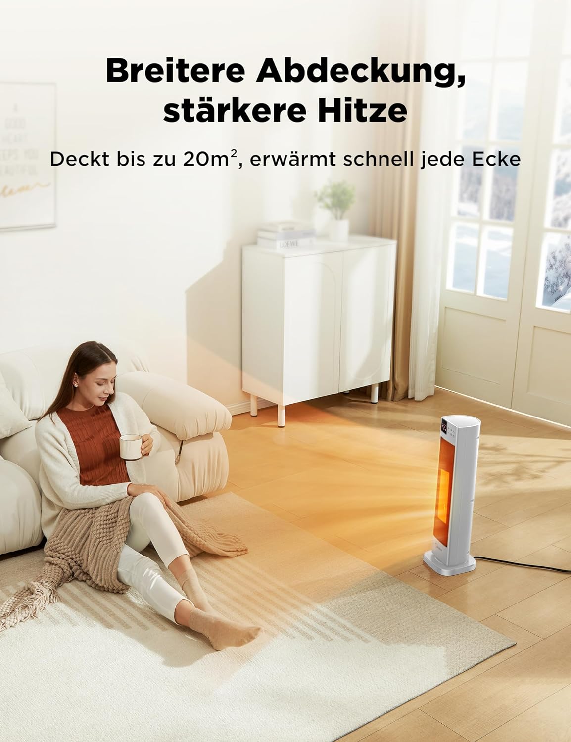 Midea NTH20-22ER(WH) Heizlüfter Energiesparend Leise mit Fernbedienung,PTC 2000 Watt Keramik Heizlüfter mit Thermostat, 2 Heizstufen, 24H Timer, ECO-Modus,für große Räume, 75°-Oszillation, 58CM, Weiß