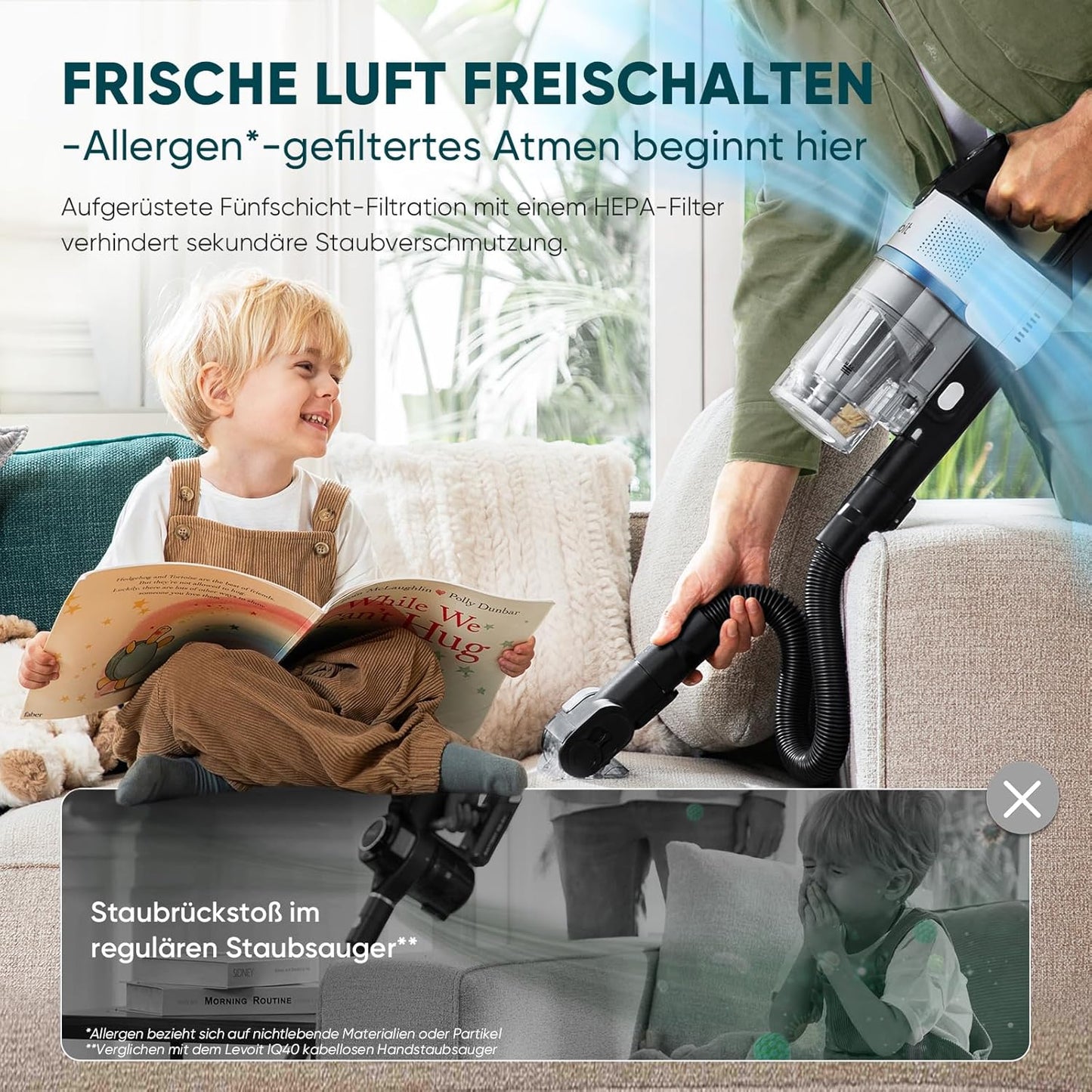 Levoit - Akku Staubsauger - Laufzeit für 100㎡ - Staubsauger Kabellos - Vacuum Cleaner - 99,99 Prozent HEPA-Filter - Selbststehend - Anti Tangle - Für Tierhaare/Teppich/Hartböden/Auto - LVAC-200 MAX