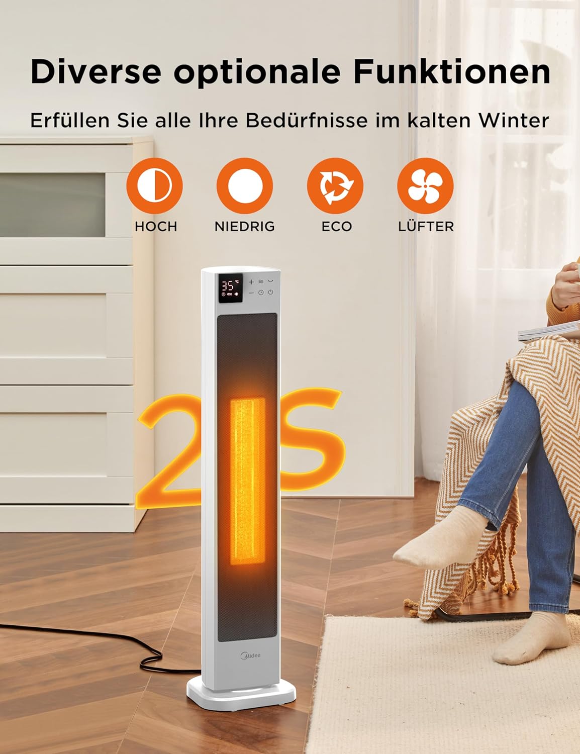 Midea NTH20-22ER(WH) Heizlüfter Energiesparend Leise mit Fernbedienung,PTC 2000 Watt Keramik Heizlüfter mit Thermostat, 2 Heizstufen, 24H Timer, ECO-Modus,für große Räume, 75°-Oszillation, 58CM, Weiß