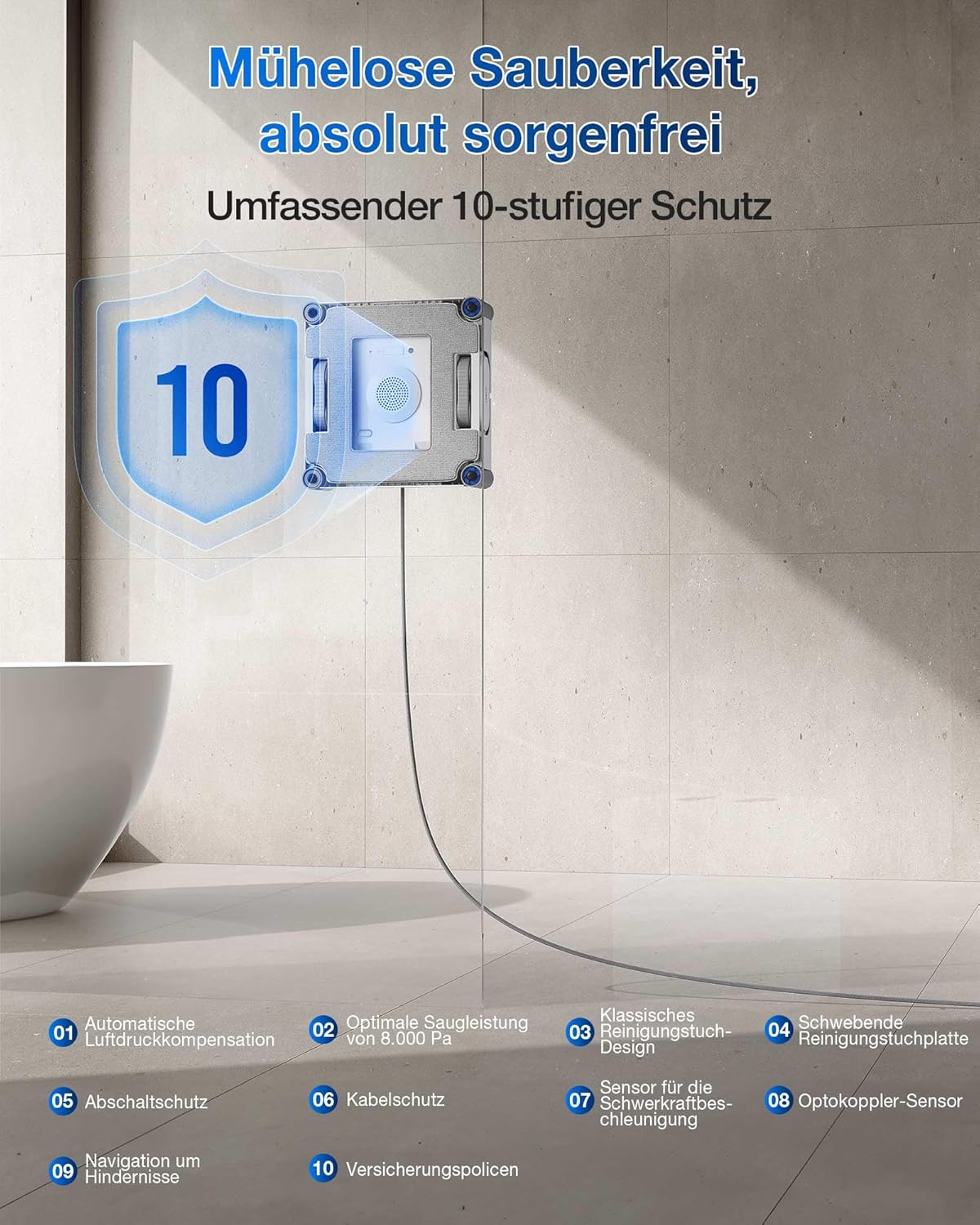 ECOVACS WINBOT W2S Omni Fensterputzroboter mit Multifunktionsstation, intelligenter Bis-an-den-Rand-Reinigung mit TruEdge™, Aufladen während des Betriebs, DREI Wasserdüsen, 12-stufigem Schutz