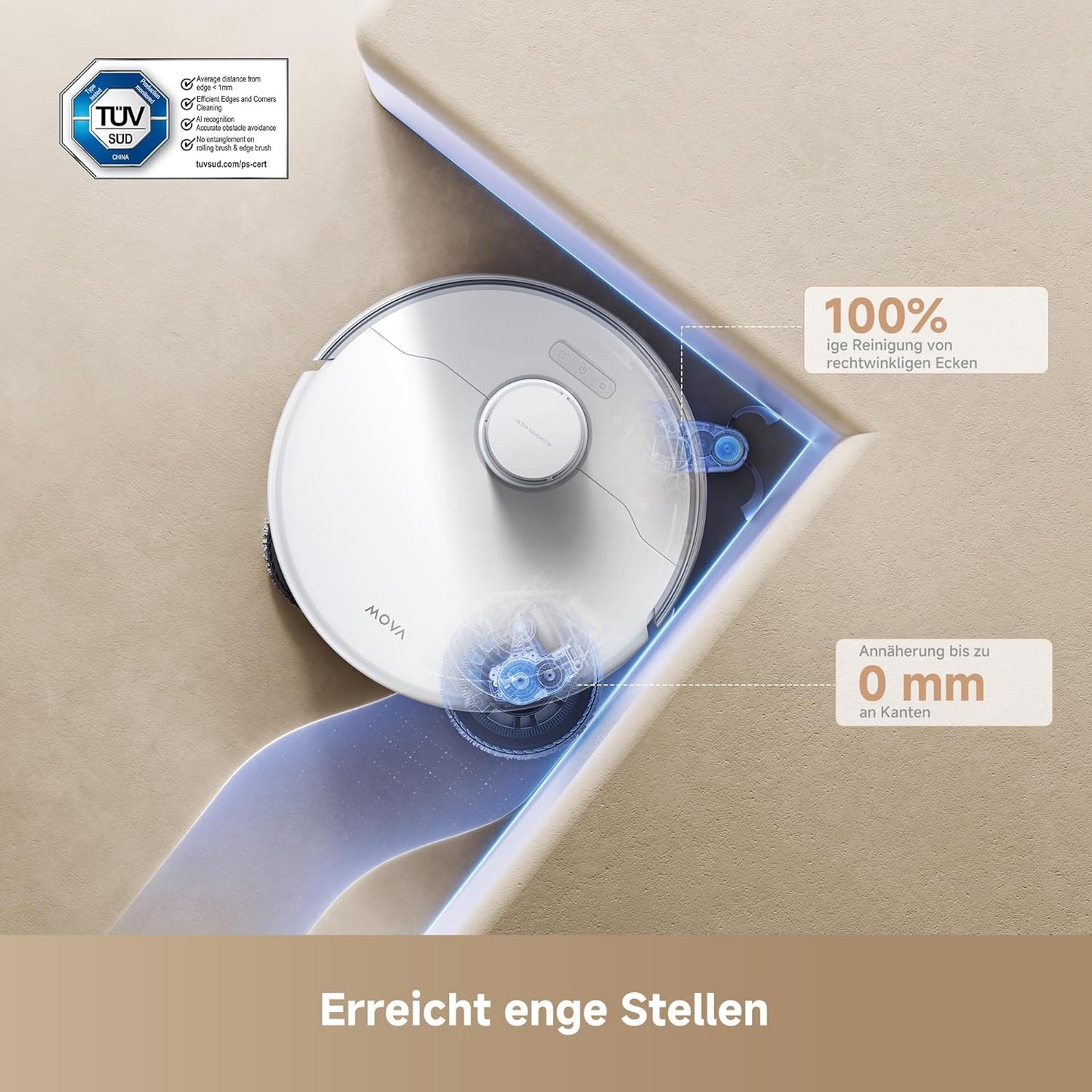 Mova P50 Pro Ultra Staubsaugerroboter mit Mopp, 19.000 Pa, 75℃ Selbstreinigender Heißwasser-Mopp mit Auszug Seitenbürste, LDS-Navigation,+RGB AI+LED-Hindernisvermeidung, Auto-Entleerung/Nachfüllen