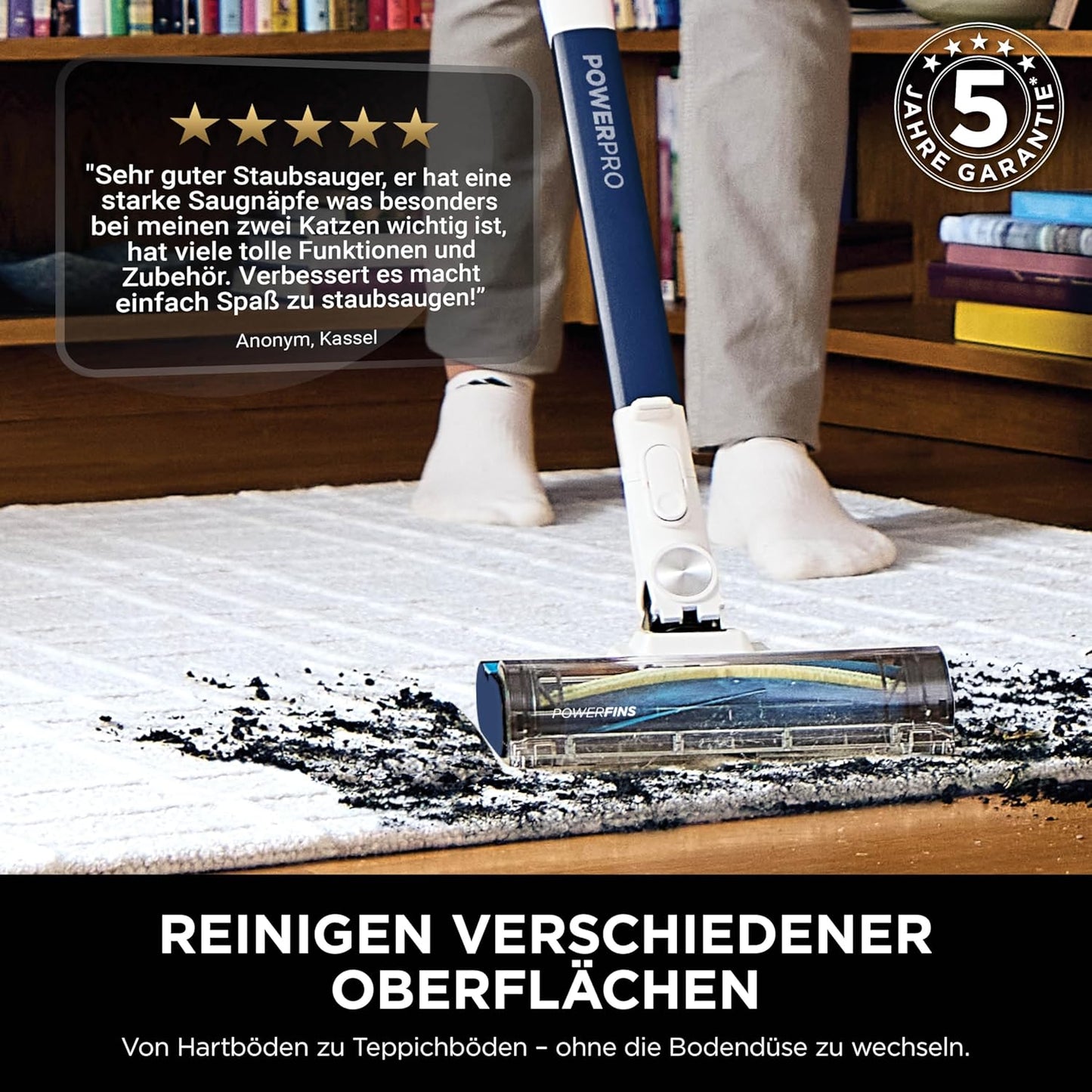 Shark PowerPro Akku-Staubsauger freistehend, bis 50 Min. Laufzeit, kabellos, beutellos, für Tierhaare, Allergiker, Teppich und Hartböden, mit LED-Licht und Knickgelenk-Rohr, Navyblau, IZ380EU