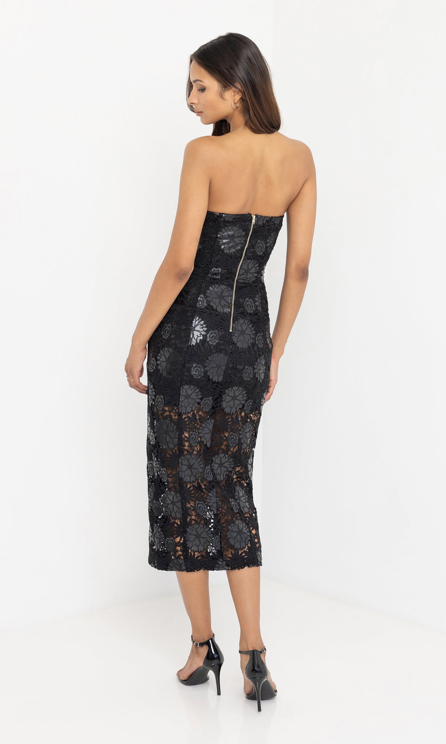 Misha Vegan Leather Guipure Midi Dress