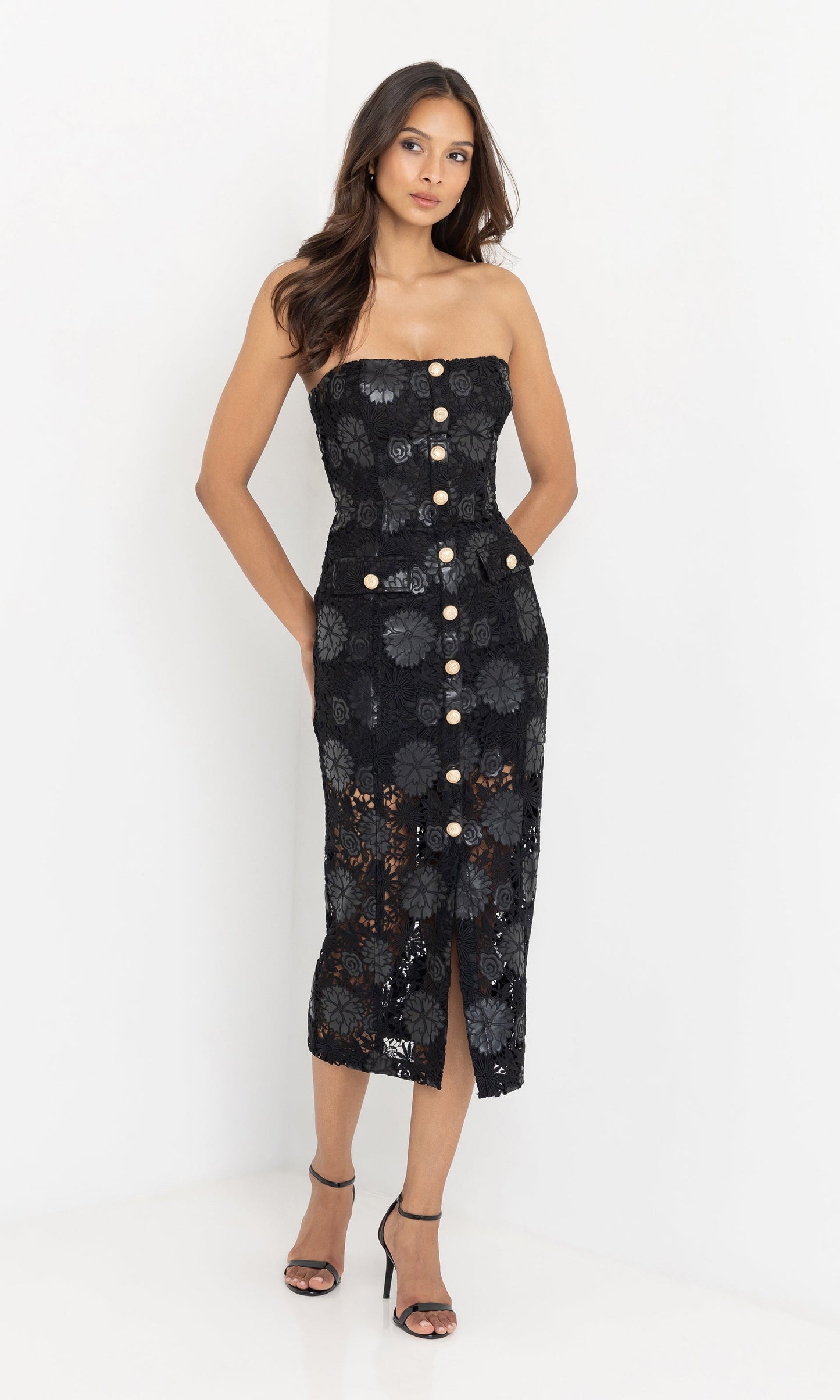 Misha Vegan Leather Guipure Midi Dress
