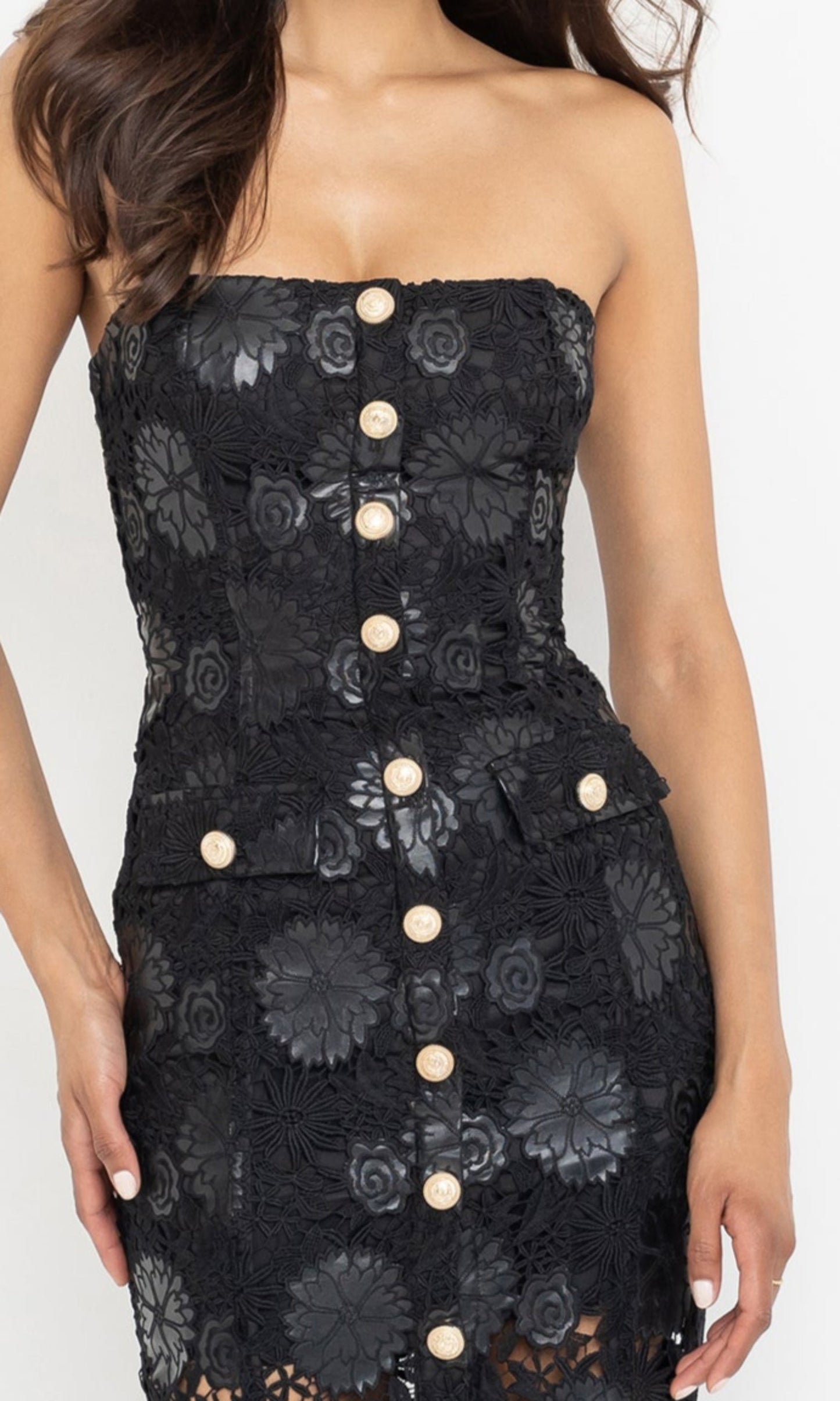 Misha Vegan Leather Guipure Midi Dress