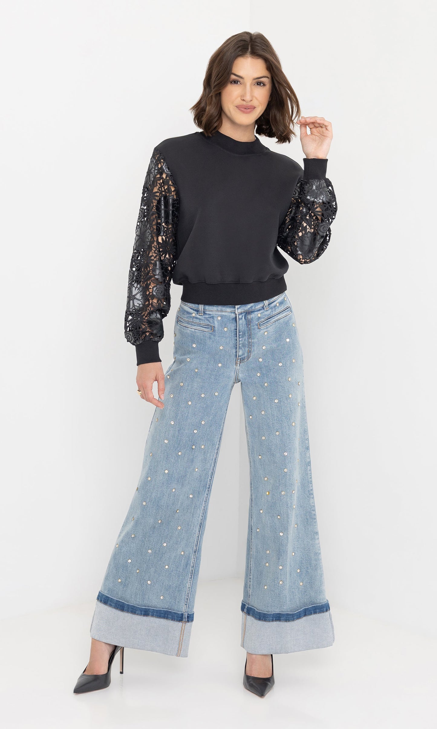 Theron Guipure Combo Sleeve Sweatshirt