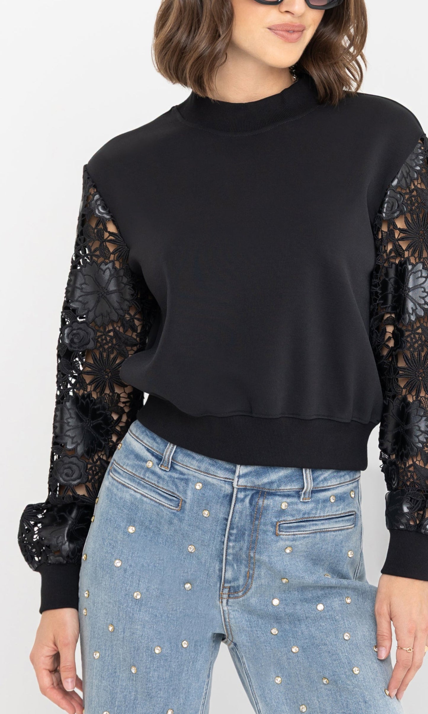 Theron Guipure Combo Sleeve Sweatshirt