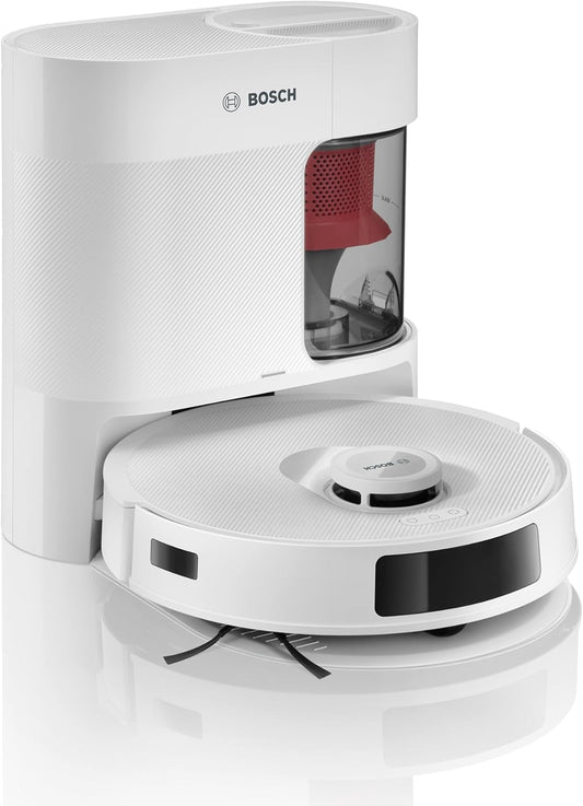 Bosch Spotless + BCRD1W Saugroboter mit Wischfunktion, 11.000 Pa Saugkraft, Wischpad, Trocken-Servicestation, Smart Vision Navigation mit Infrarot-Licht, Steuerung per App, weiß
