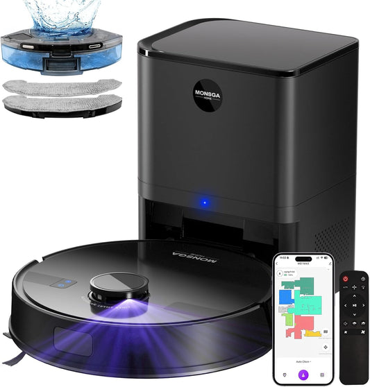 MONSGA Saugroboter mit Wischfunktion, 3.5L Staubsauger Roboter mit Absaugstation, 5000Pa Saugkraft,180Min Laufzeit, LiDAR Navigation, Starke Saugkraft ideal für Teppich und Tierhaare, APP Steuerung