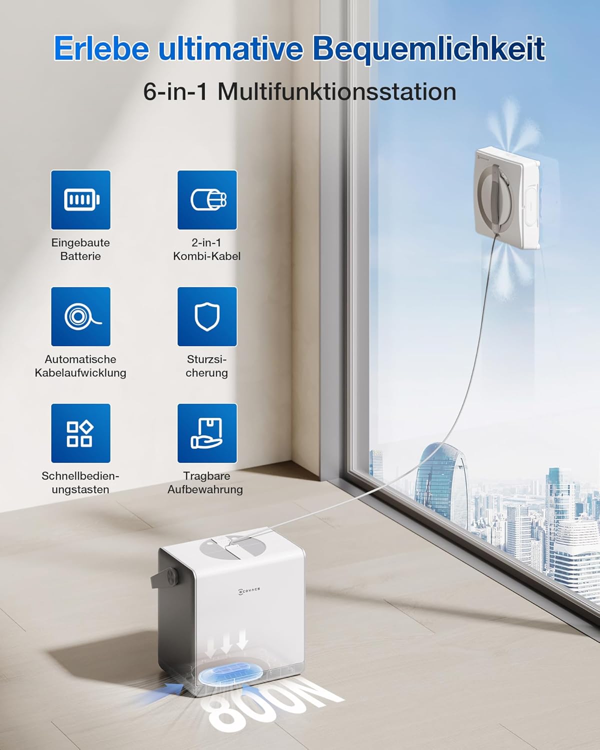 ECOVACS WINBOT W2 PRO Fensterputzroboter, 3-Düsen-Wassersprüher, 10-Stufen-Schutzsystem, Win-SLAM 4.0 Pfadplanung, Steady-Climbing-System, Kanten-Erkennung, App-Steuerung, Weiß