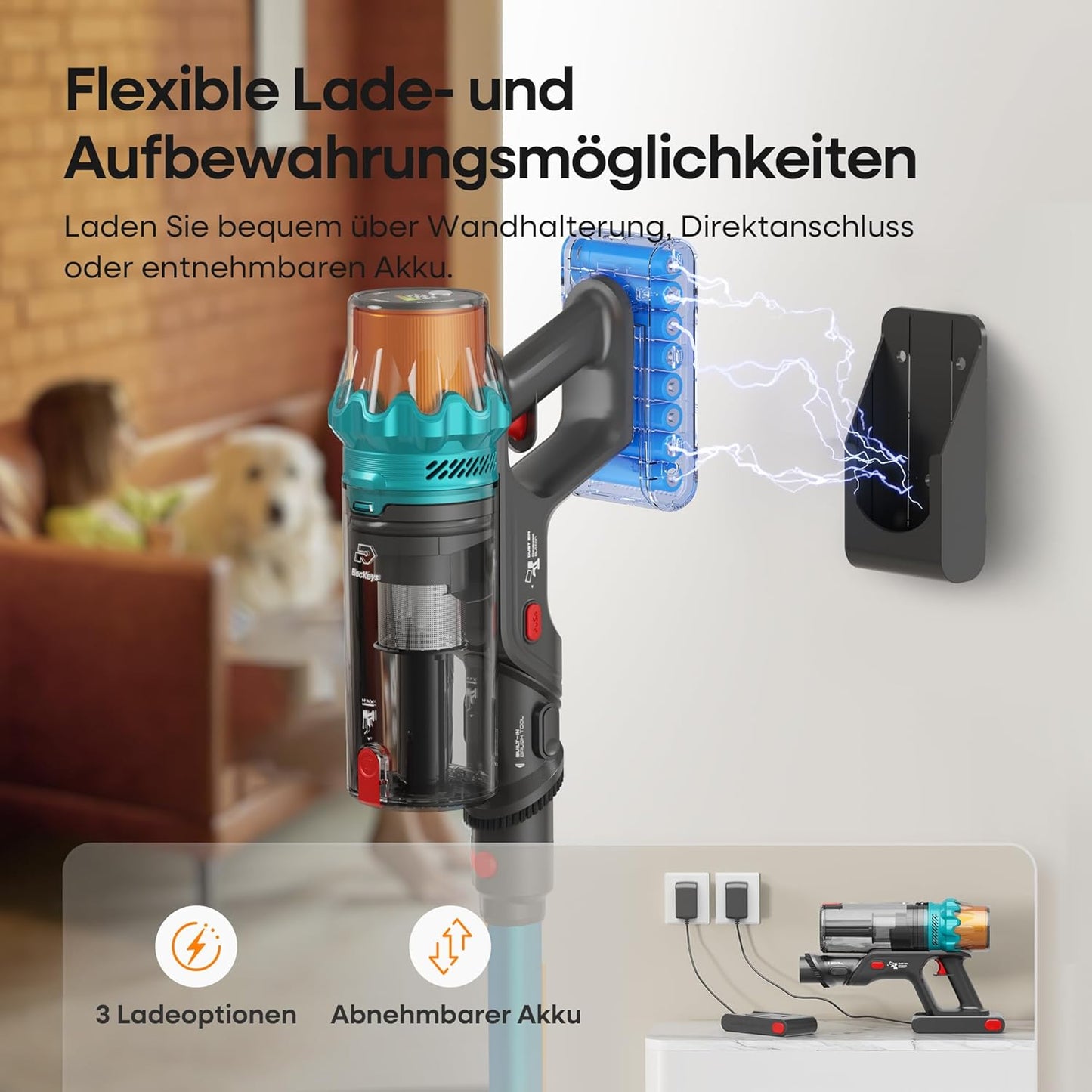 ElecKeys K10 Akku Staubsauger 48000Pa/580W/65 min, Superleise Staubsauger Kabellos mit LED Display, Akkustaubsauger mit Anti-Tangle-Bürste, Selbststehend für Tierhaare Teppiche Hartböden