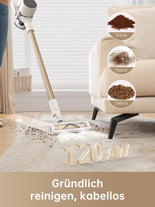 dreame R10 Akku Staubsauger, 120AW Starke Saugkraft Staubsauger Kabellos, 60 Min Laufzeit, Bürste für Diverse Oberflächen mit LED-Licht, ideal für Hausreinigung, Tierhaare, Teppiche