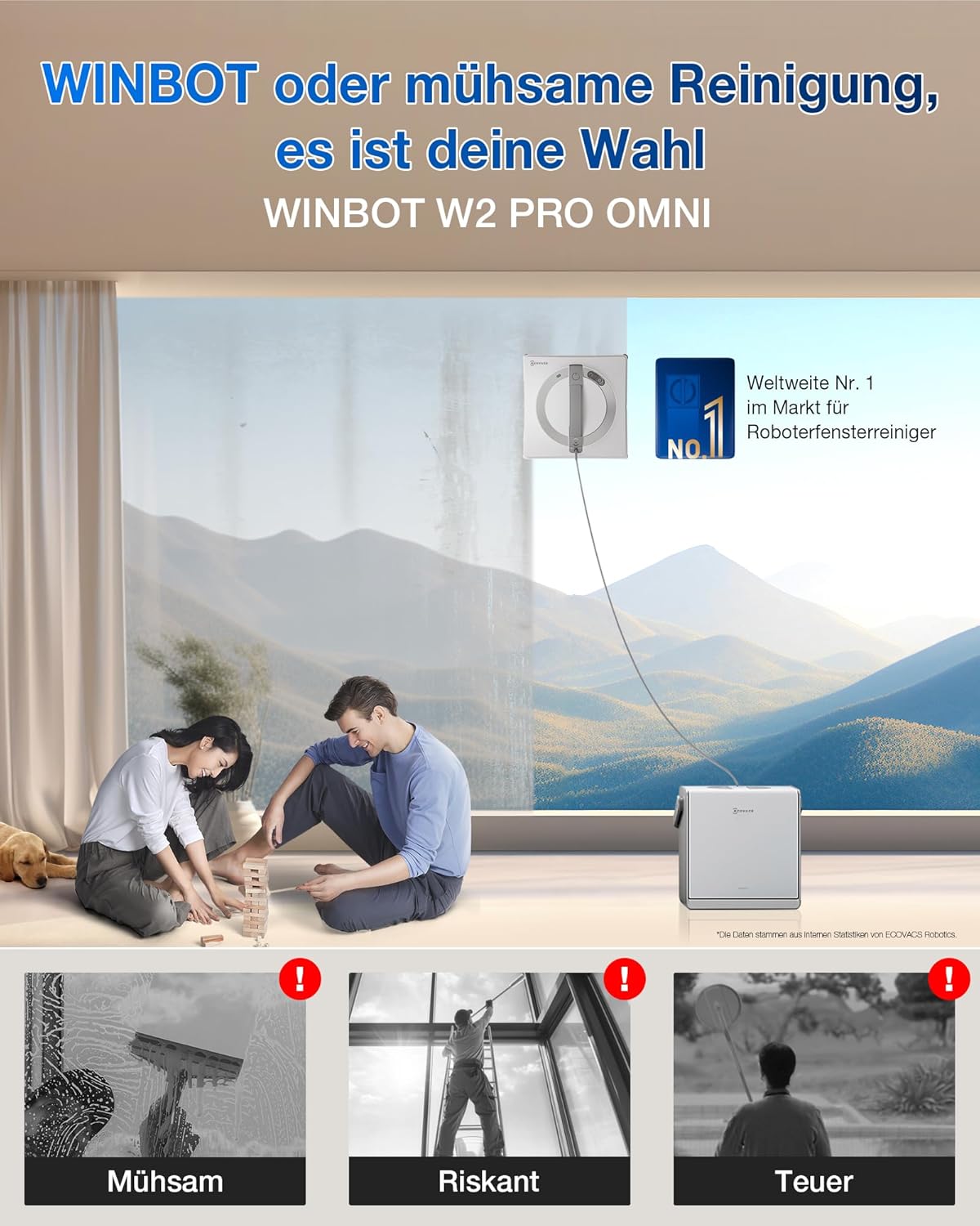 ECOVACS WINBOT W2 PRO Fensterputzroboter, 3-Düsen-Wassersprüher, 10-Stufen-Schutzsystem, Win-SLAM 4.0 Pfadplanung, Steady-Climbing-System, Kanten-Erkennung, App-Steuerung, Weiß