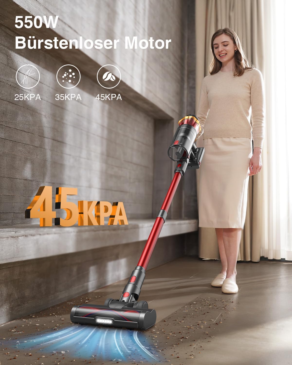 Akku Staubsauger 45000Pa/550W/65Min, 1,6L Staubsauger Kabellos mit Display, Anti-Tangle-Bürste, Selbststehend, Wandladestation, 8-Schicht-Filtration, Ultraleise, für Tierhaare/Teppiche/Hartböden/Auto