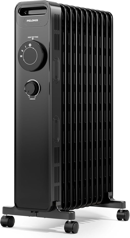 PELONIS Ölradiator 2300W mit J-förmigen Lamellen, Ölgefüllter Heizkörper mit 3 Heizstufen & Thermostat, Leiser Elektroheizer mit Kippschutz, Energieeffizient A für Schlafzimmer, Wohnzimmer, Büro