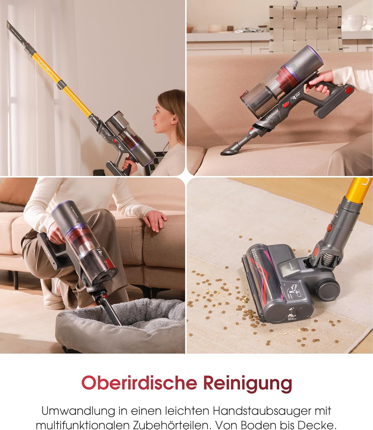 UNINELL Home Akku Staubsauger 50000Pa/550W/70Min Upgrade, Staubsauger Kabellos Selbstladender mit LED Touchscreen/Anti-Tangle-Bürste, Selbststehend für Hartböden Teppiche Tierhaare